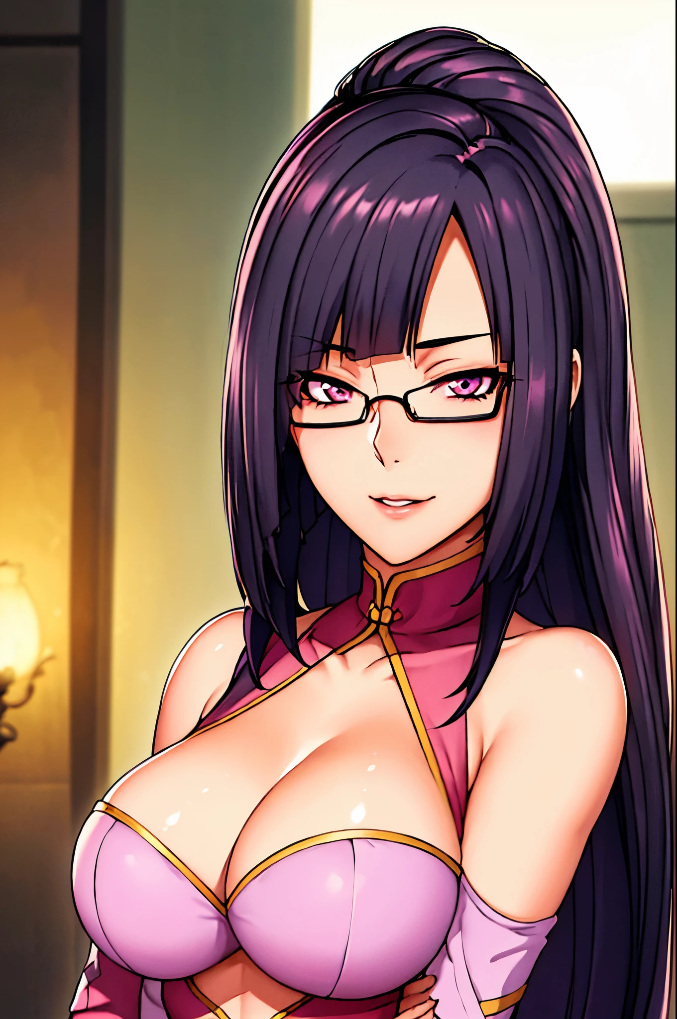 at the garden, (standing), (potrait body), (sexy pose), smiling, (pink dress), chinese clothes, cleavage cutout, clothing cutout, bare shoulders, semi-rimless eyewear, black hair, very long hair,purple eyes, 1 girl, 20yo,Young female,Beautiful Finger,Beautiful long legs,Beautiful body, Beautiful Nose,Beautiful character design, perfect eyes, perfect face,expressive eyes,perfect balance, looking at viewer,(Focus on her whole boy), official art,extremely detailed CG unity 8k wallpaper, perfect lighting,Colorful, Bright_Front_face_Lighting,White skin, (masterpiece:1.0),(best_quality:1.0), ultra high res,4K,ultra-detailed, photography, 8K, HDR, highres, absurdres:1.2, Kodak portra 400, film grain, bokeh:1.2, lens flare, (vibrant_color:1.2),professional photograph, (Beautiful,medium_Breasts:1.4), (beautiful_face:1.5),(ultra detailed face), tempting women
