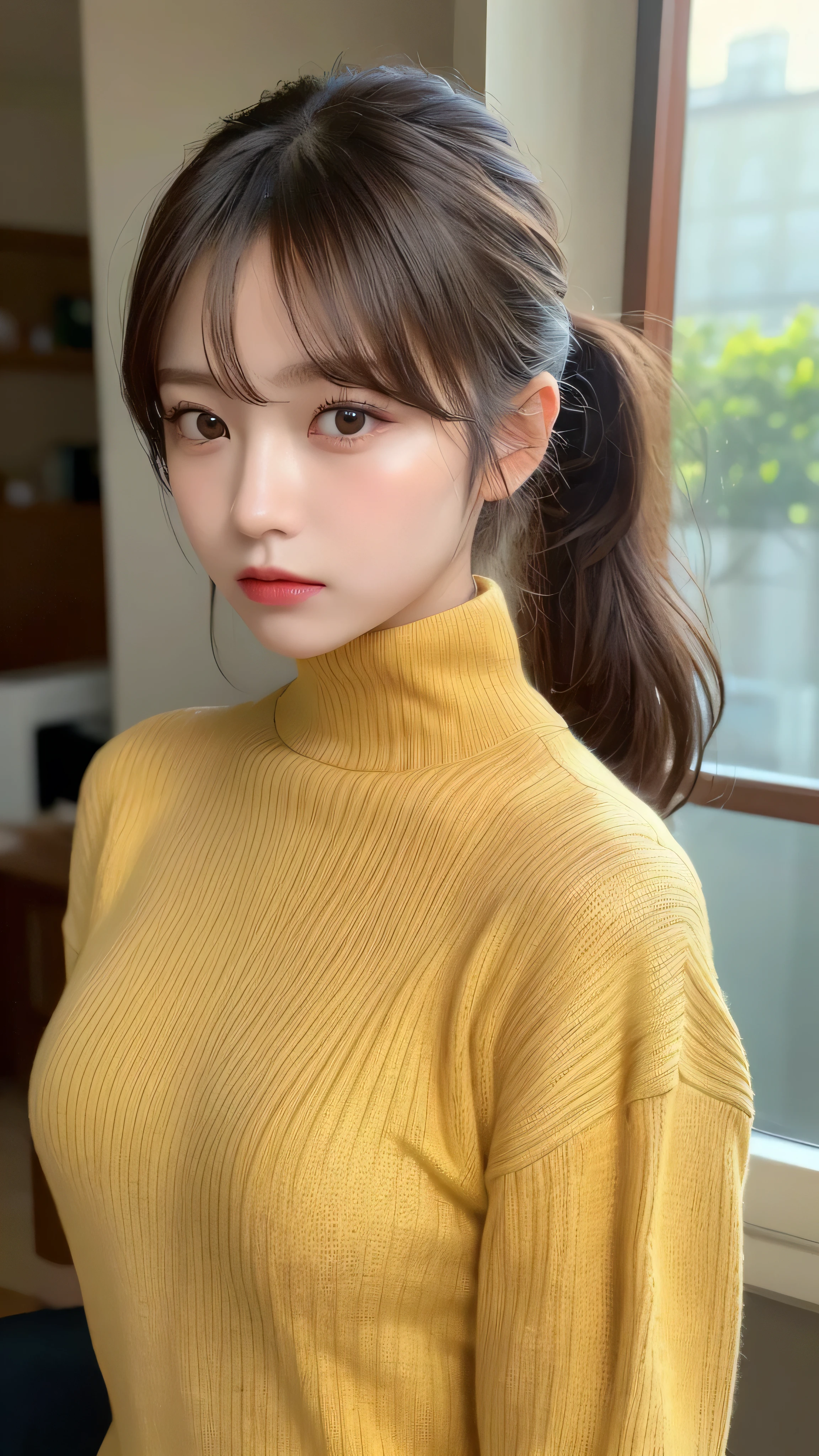 (masterpiece:1.5)、(realistic:1.5)、(highest quality:1.4、8K、RAW photo)、
ultra high resolution、professional lighting、perfect dynamic composition、Shot indoors、
film grain、chromatic aberration、(Bokeh:1.1)、
Frank、Sophisticated、charm、超realistic、high detail、golden ratio、
(1 girl)、slender girl、繊細でcharm女の子、cute woman:1.4、
serious expression、looking at the viewer、sculpture installation、
light brown hair、shining hair、Hair style is ponytail、
skin that looks real、
close your mouth、fine eyes、double eyelid、thin arms、small box、
(Wearing a yellow turtleneck sweater)、