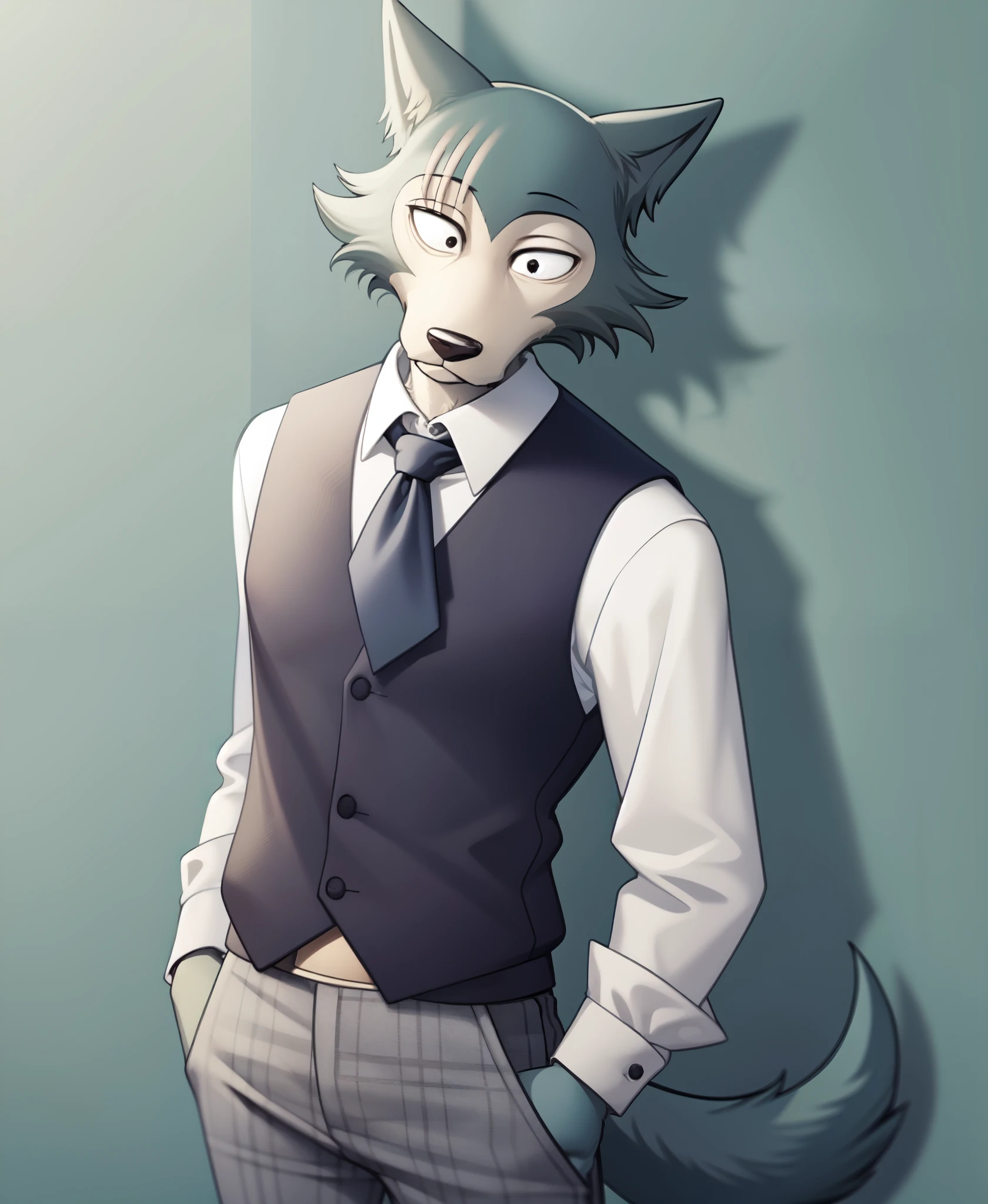 (best quality, masterpiece:1), furry female anthro legoshi wolf, solo, standing, grey hands, medium breasts, body fur, white dress shirt, grey necktie, (eye scar:1.1), blue vest, striped pants, long sleeves, looking at viewer, smile, closed mouth, abstract background, detailed octane render, black eyes, small pupils, tail, 