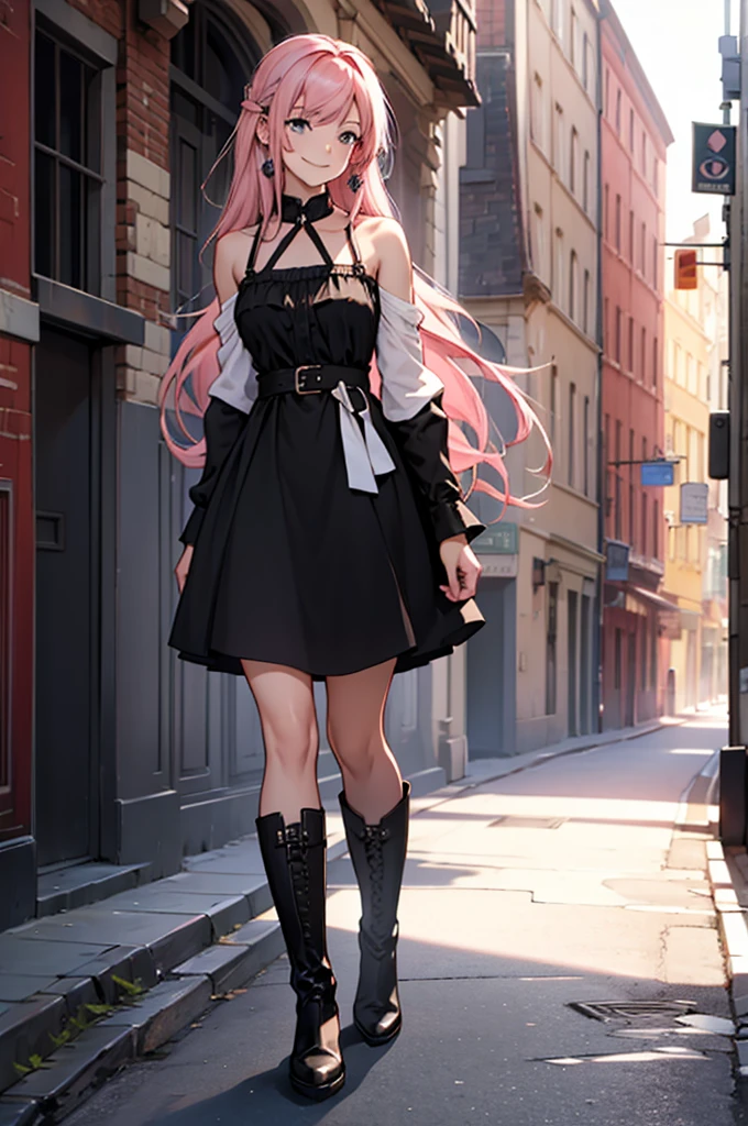 (Best quality)), ((masterpiece)), top quality), standing alone, pink hair, girl, sythe, shoulder length hair, black dress, boots, carrying a sythe, smiling, woman