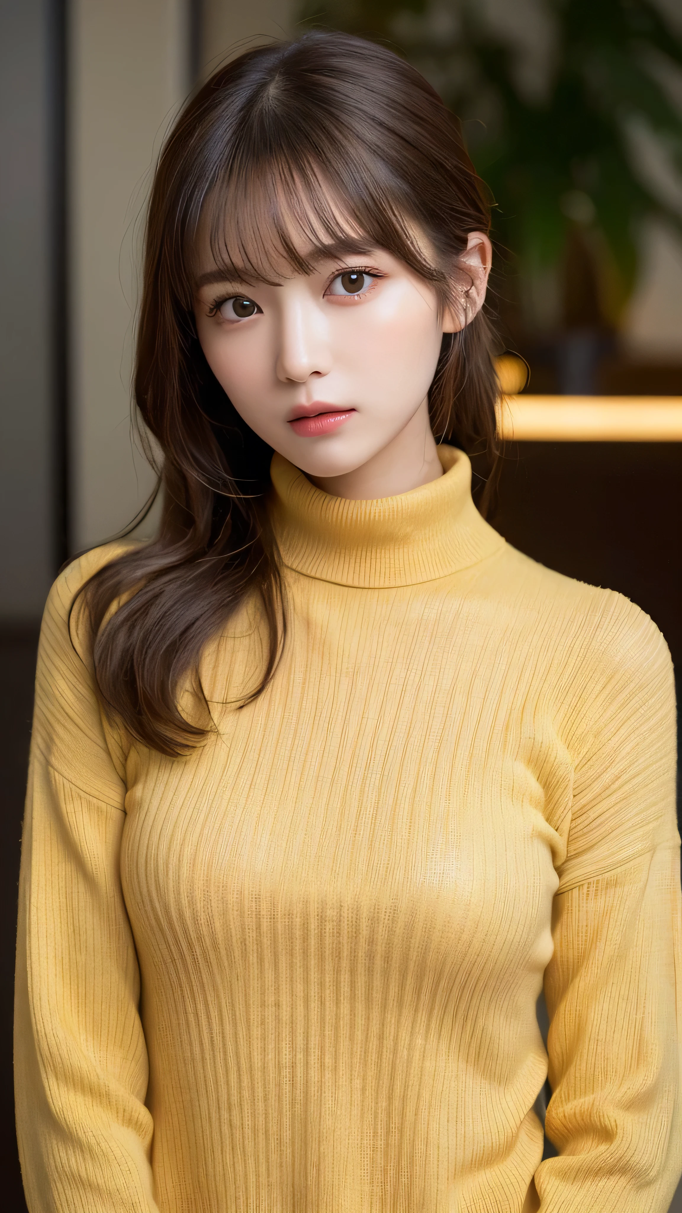 (masterpiece:1.5)、(realistic:1.5)、(highest quality:1.4、8K、RAW photo)、
ultra high resolution、professional lighting、perfect dynamic composition、Shot indoors、
film grain、chromatic aberration、(Bokeh:1.1)、
Frank、Sophisticated、charm、超realistic、high detail、golden ratio、
(1 girl)、slender girl、繊細でcharm女の子、cute woman:1.4、
serious expression、looking at the viewer、sculpture installation、
light brown hair、shining hair、Hair style is ponytail、
skin that looks real、
close your mouth、fine eyes、double eyelid、thin arms、small box、
(Wearing a yellow turtleneck sweater)、