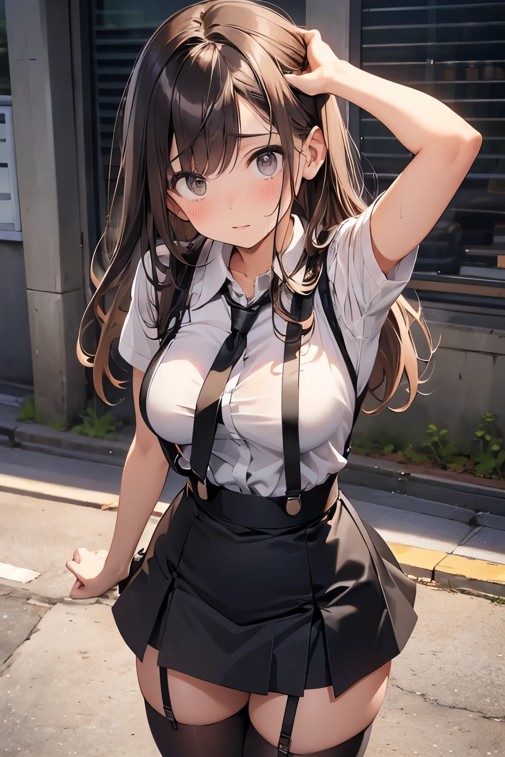 brown hair、looking at the viewer　　suspenders　　　Bulging big breasts　　 　 　　　　Black miniskirt　garter belt　knee high socks　　　　　　Gaze　　　small face　bangs 　　　　　Beauty　　hands up　　 　Gaze 　black boots 　provocation　　armpit sweat　one person 　　put your hands behind your back　cutter shirt　　Panty shot