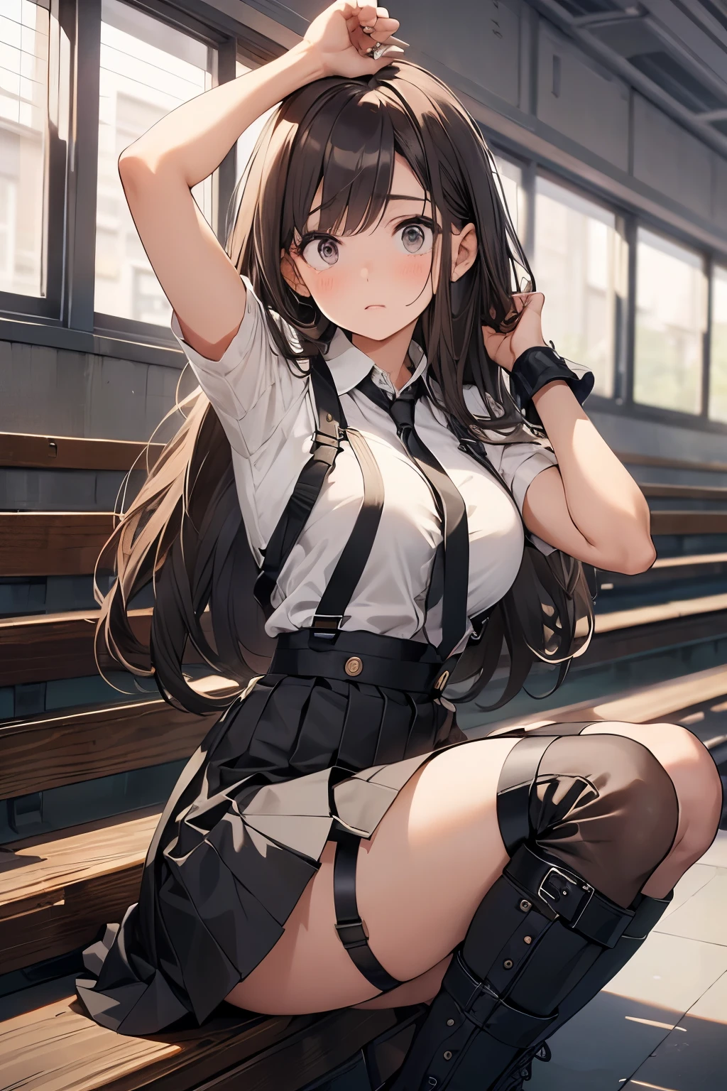 brown hair、looking at the viewer　　suspenders　　　Bulging big breasts　　 　 　　　　Black miniskirt　garter belt　knee high socks　　　　　　Gaze　　　small face　bangs 　　　　　Beauty　　hands up　　 　Gaze 　black boots 　provocation　　armpit sweat　one person 　　put your hands behind your back　cutter shirt　　Panty shot