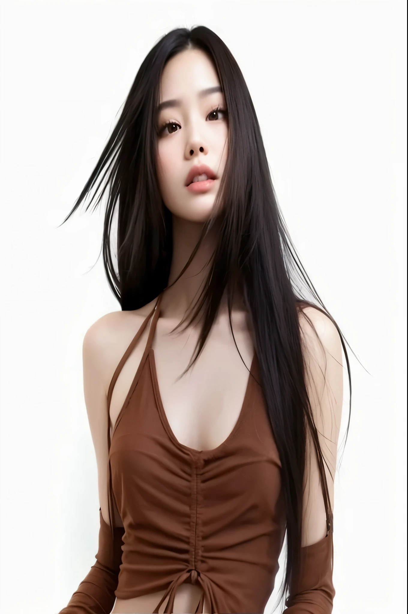 a close up of a woman con cabello largo wearing a brown top, jennie rosa negro, gongbi, asian girl con cabello largo, con cabello largo, aparcar desde-min, jaeyeon nam, heonhwa choe, kim jennie, hermosa joven coreana, kim jennie, jennie kim, modelo de moda femenina coreana, preciosa modelo china