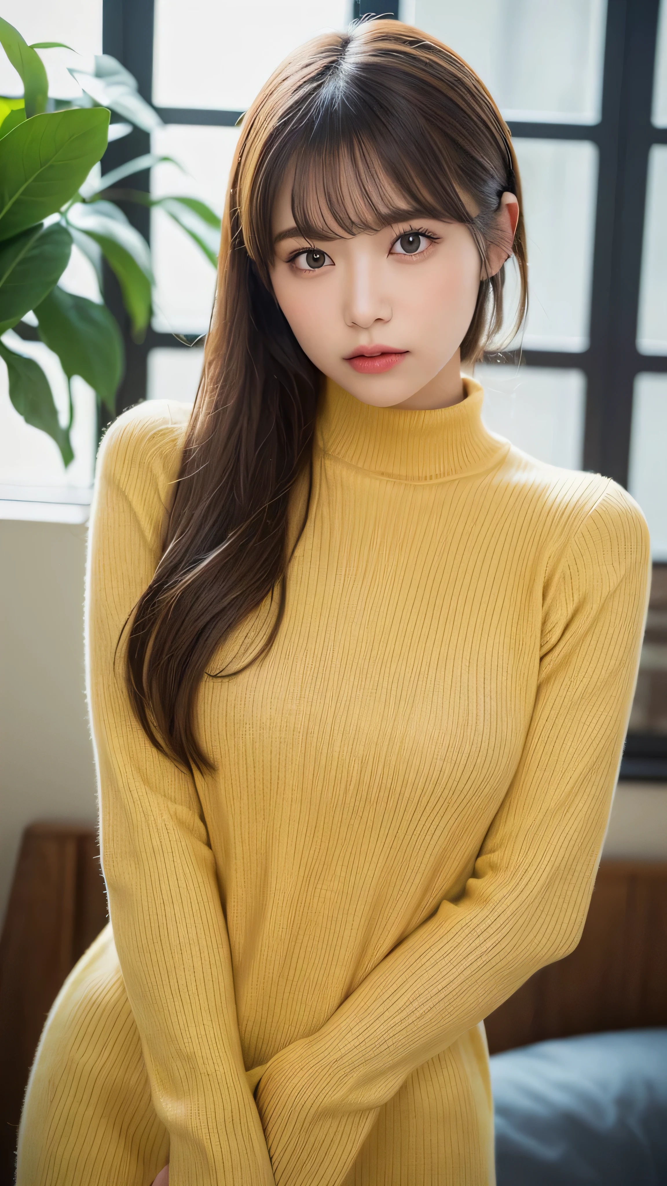 (masterpiece:1.5)、(realistic:1.5)、(highest quality:1.4、8K、RAW photo)、
ultra high resolution、professional lighting、perfect dynamic composition、Shot indoors、
film grain、chromatic aberration、(Bokeh:1.1)、
Frank、Sophisticated、charm、超realistic、high detail、golden ratio、
(1 girl)、slender girl、繊細でcharm女の子、cute woman:1.4、
serious expression、looking at the viewer、sculpture installation、
light brown hair、shining hair、Hair style is ponytail、
skin that looks real、
close your mouth、fine eyes、double eyelid、thin arms、small box、
(She is wearing a yellow turtleneck ribbed sweater dress.)、(show some thighs)