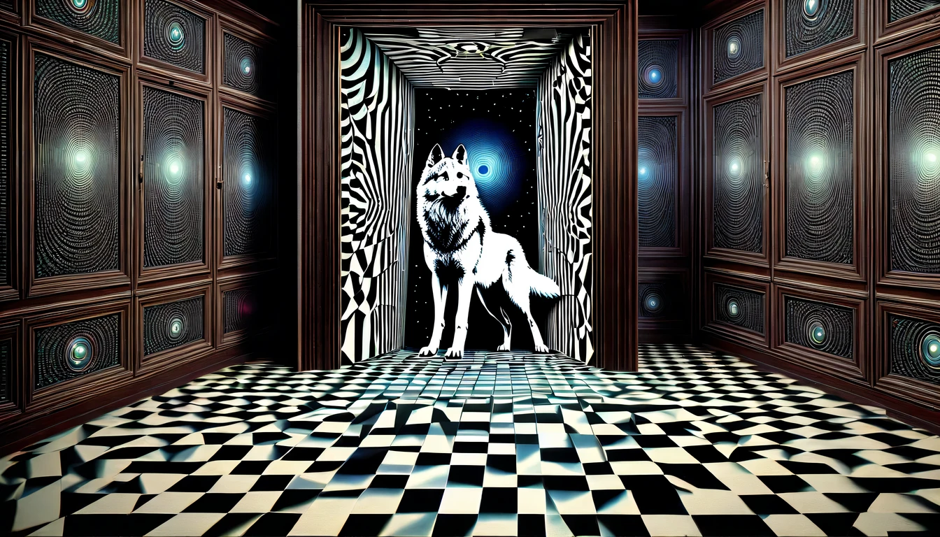 from comes out of the retro-TV screen wolf, retro door, used Ames room and Muller-Lyer Optical Illusion of illustration, intricate detail, dark fantasy atmosphere, expertly crafted optical-illusions, enhances the natural glow emanating from within, highly quality, optical-illusion masterpiece,