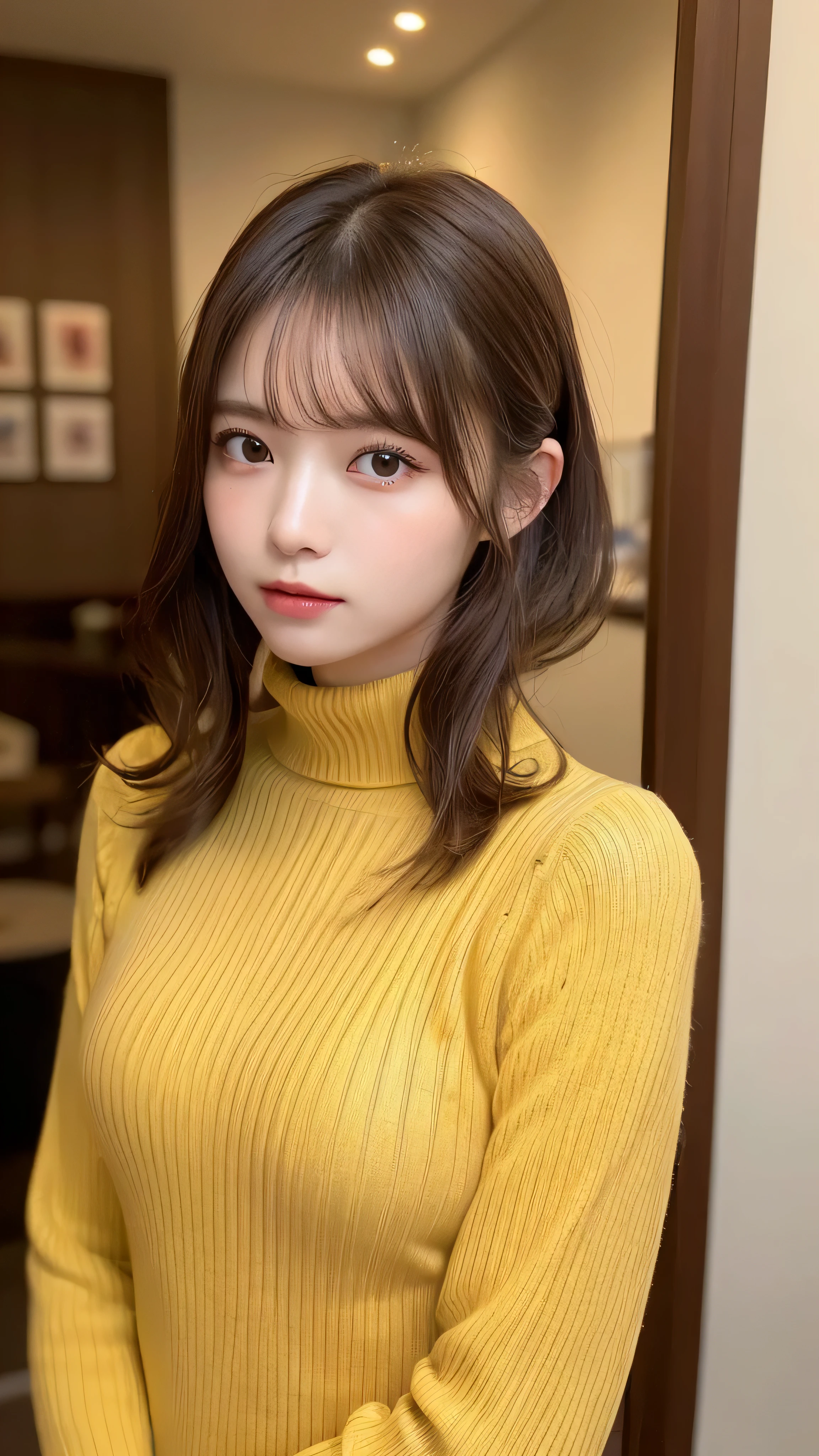 (masterpiece:1.5)、(realistic:1.5)、(highest quality:1.4、8K、RAW photo）、
ultra high resolution、professional lighting、perfect dynamic composition、Shot indoors、
film grain、chromatic aberration、(Bokeh:1.1)、
Frank、Sophisticated、charm、超realistic、high detail、golden ratio、
(1 girl)、slender girl、繊細でcharm女の子、cute woman:1.4、
serious expression、looking at the viewer、sculpture installation、
light brown hair、shining hair、Hair style is ponytail、
skin that looks real、
close your mouth、fine eyes、double eyelid、thin arms、small box、
(She is wearing a yellow turtleneck ribbed sweater dress.)、(show some thighs)