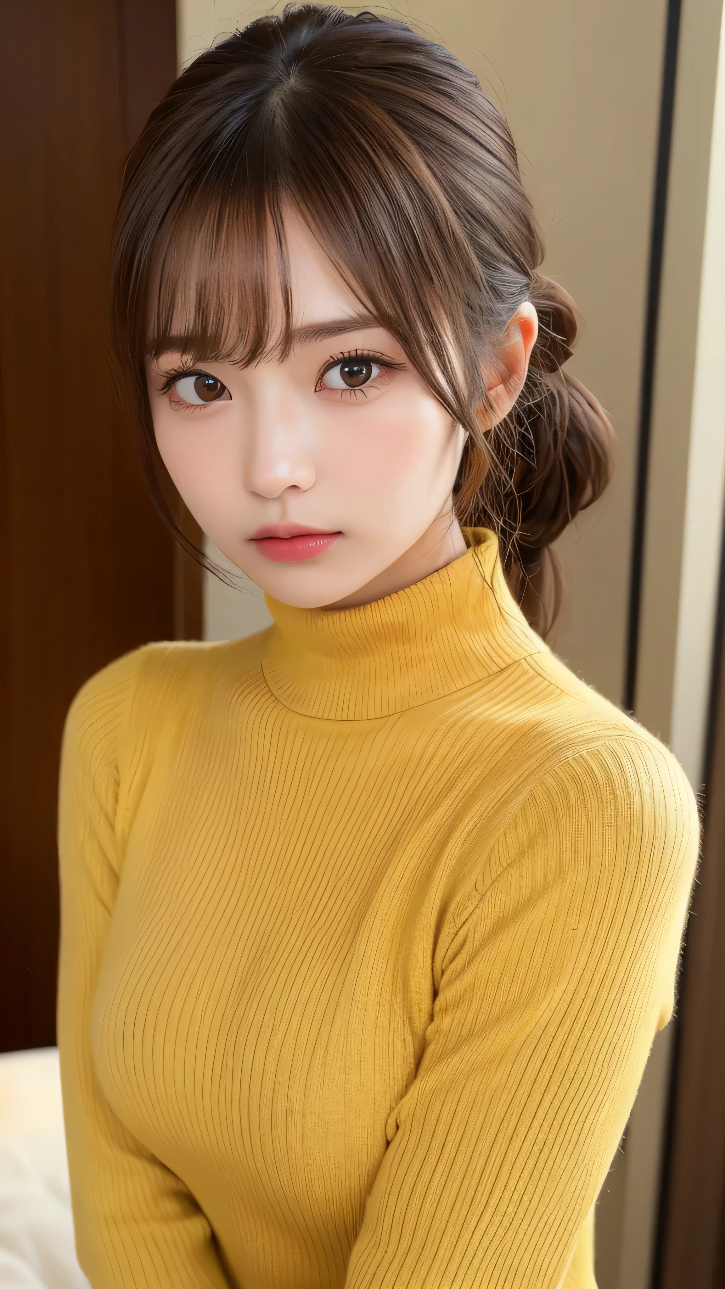 (masterpiece:1.5)、(realistic:1.5)、(highest quality:1.4、8K、RAW photo）、
ultra high resolution、professional lighting、perfect dynamic composition、Shot indoors、
film grain、chromatic aberration、(Bokeh:1.1)、
Frank、Sophisticated、charm、超realistic、high detail、golden ratio、
(1 girl)、slender girl、繊細でcharm女の子、cute woman:1.4、
serious expression、looking at the viewer、sculpture installation、
light brown hair、shining hair、Hair style is ponytail、
skin that looks real、
close your mouth、fine eyes、double eyelid、thin arms、small box、
(She is wearing a yellow turtleneck ribbed sweater dress.)、(show some thighs)
