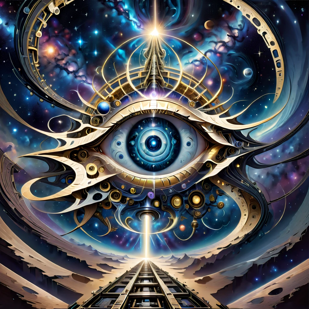 Create an optical illusion artwork combining elements like eyes, the starry night sky, the universe, galaxies, a celestial ladder, technology, machinery, and chains. The composition should be complex and intricate, featuring geometric shapes and patterns that link these elements together in a way that creates a strong visual illusion. The artwork should include an eye as a central element, surrounded by a depiction of the universe and galaxies, with elements of advanced technology and machinery interwoven. The celestial ladder, possibly made of chains or mechanical parts, should connect different parts of the image, defying gravity and perspective. The overall design should be mesmerizing, causing viewers to feel dazzled and disoriented, with a powerful sense of visual illusion.