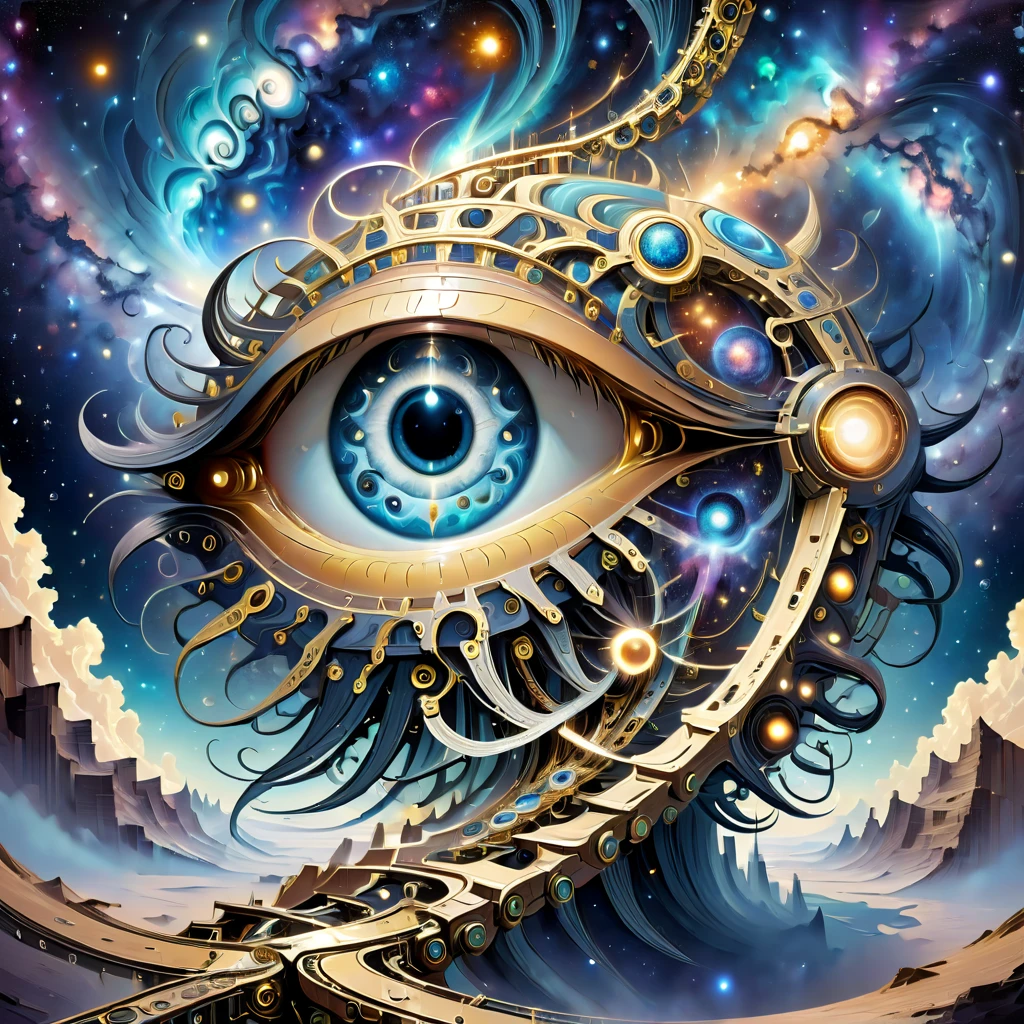 Create an optical illusion artwork combining elements like eyes, the starry night sky, the universe, galaxies, a celestial ladder, technology, machinery, and chains. The composition should be complex and intricate, featuring geometric shapes and patterns that link these elements together in a way that creates a strong visual illusion. The artwork should include an eye as a central element, surrounded by a depiction of the universe and galaxies, with elements of advanced technology and machinery interwoven. The celestial ladder, possibly made of chains or mechanical parts, should connect different parts of the image, defying gravity and perspective. The overall design should be mesmerizing, causing viewers to feel dazzled and disoriented, with a powerful sense of visual illusion.