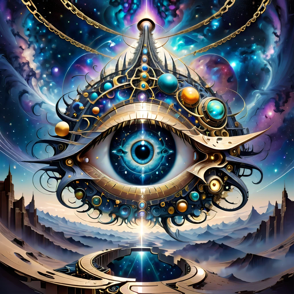 Create an optical illusion artwork combining elements like eyes, the starry night sky, the universe, galaxies, a celestial ladder, technology, machinery, and chains. The composition should be complex and intricate, featuring geometric shapes and patterns that link these elements together in a way that creates a strong visual illusion. The artwork should include an eye as a central element, surrounded by a depiction of the universe and galaxies, with elements of advanced technology and machinery interwoven. The celestial ladder, possibly made of chains or mechanical parts, should connect different parts of the image, defying gravity and perspective. The overall design should be mesmerizing, causing viewers to feel dazzled and disoriented, with a powerful sense of visual illusion.