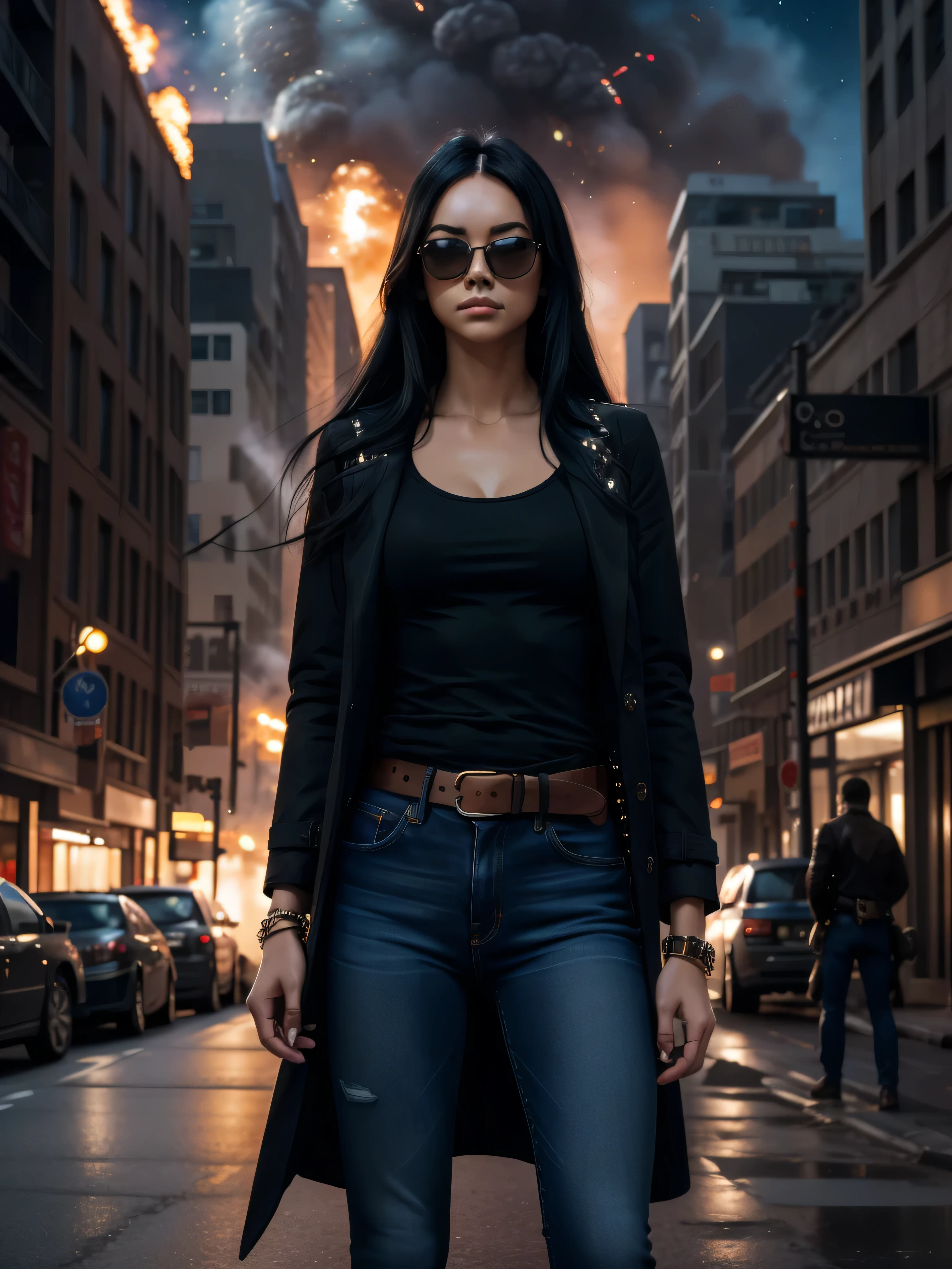 woman, long black hair, sunglasses, jeans, long t-shirt, coat,belt, bracelets, holsters, rivets, on city street with explosions behind, night, movie poster