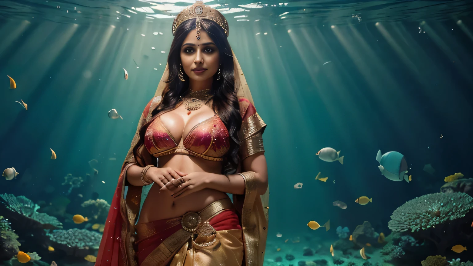 ((A 40-45 year old woman in a dupatta (((Standing posing))) for a picture)), indian goddess, traditional beauty, indian, beautiful goddess, ornate , indian style, indian super model, beautiful maiden, gorgeous woman, south east asian with long, provocative indian, gorgeous beautiful woman, intricate Indian saree outfit, ((cinematic realistic underwater behind her)), hindu aesthetic, beautiful asian girl, extremely detailed goddess shot, jaw-dropping beauty, big  deep cleavage, (((big breast))), wearing flower tiara on the head, (wide photo),((underwater))