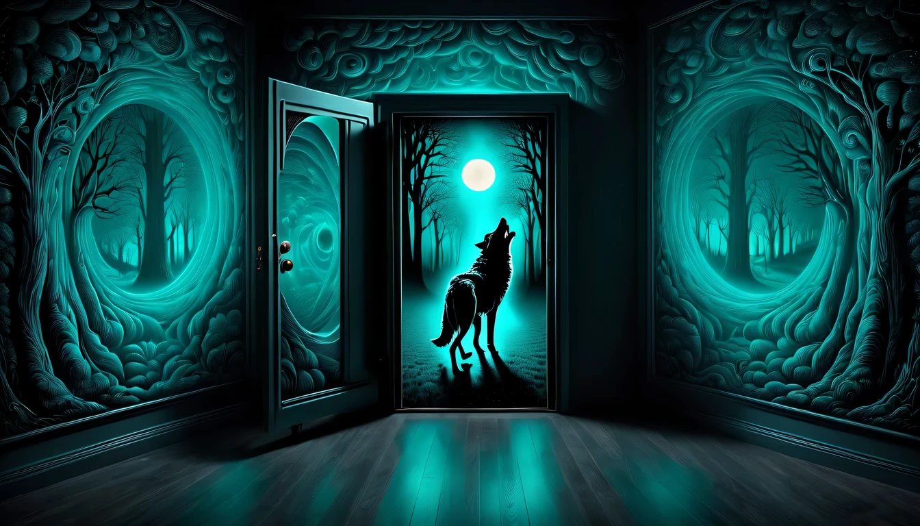from comes out of the retro-TV screen wolf, retro door, used Ames room and Muller-Lyer Optical Illusion of illustration, intricate detail, dark fantasy atmosphere, expertly crafted optical-illusions, enhances the natural glow emanating from within, highly quality, optical-illusion masterpiece,