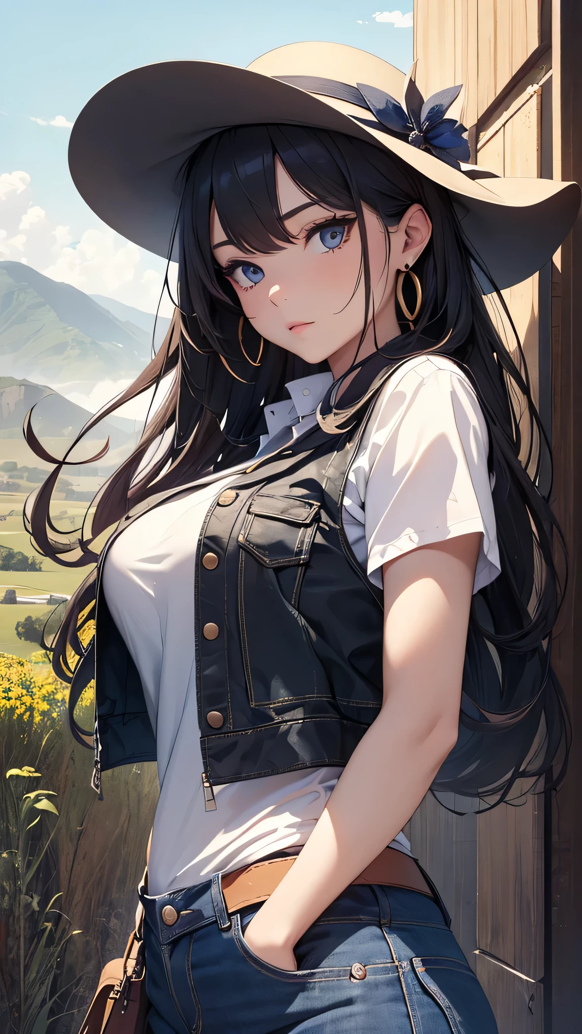 最high quality、best image quality、masterpiece、teenage girl((18-year-old、 By becoming、vest bust、medium bust,wide open breast tea、black eye, black hair、long hair、thin,highest valley、Perforated gloves、blue earrings、cowboy hat、black vest、white t-shirt、torn blue pants、smile、Gesture with hat、sit)),high quality、beautiful art、background((grassland)),debris flies、Depth of written boundary、movie、visual art、perfect art、8K,genuine