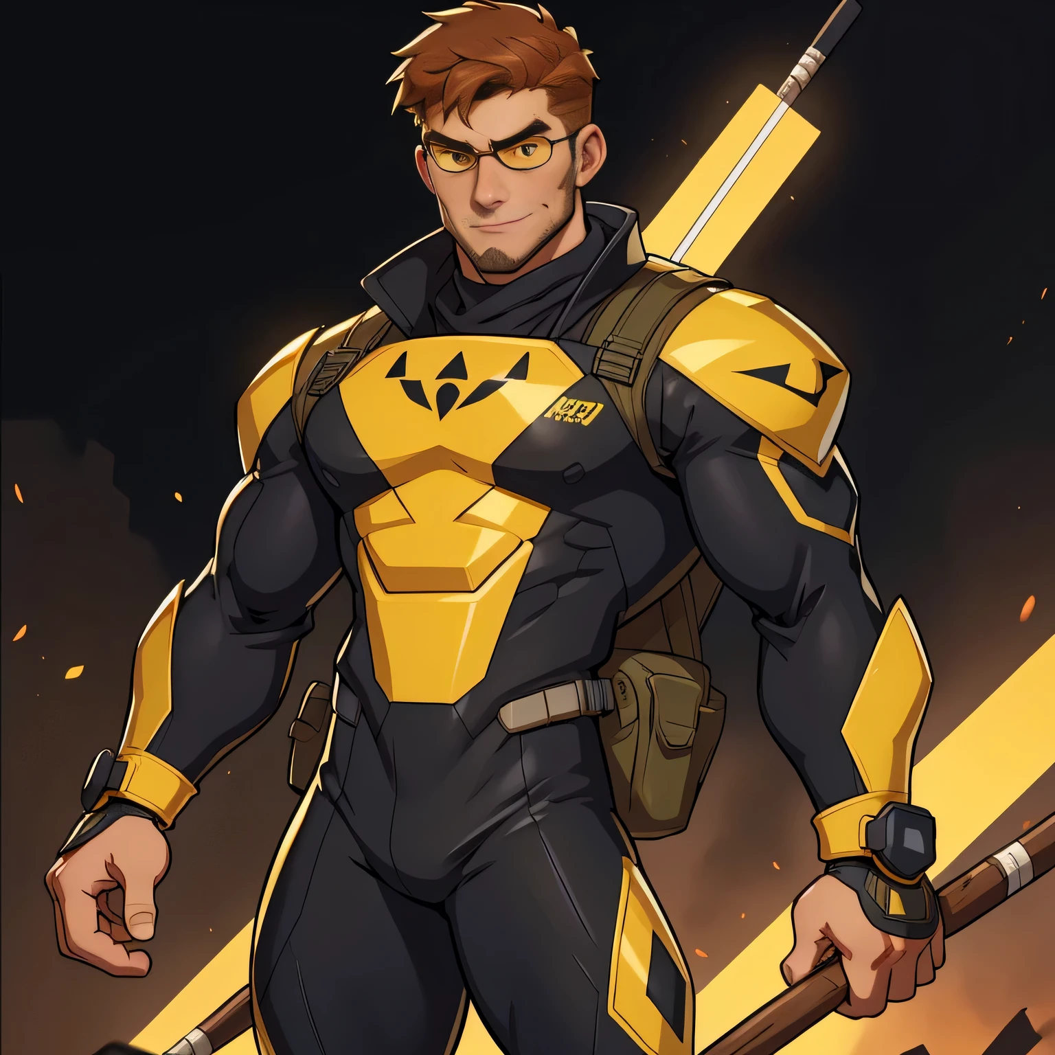 Certainly, here's a more concise prompt focused on Tom's hero suit for an AI art generator:

"Create a digital artwork of Tom Sheridan, AKA Tempo, in his hero suit. His hero suit is sleek, black with yellow accents, and it clings to his lithe frame. The suit includes a cowl with intricate detailing, leaving his distinctive auburn hair exposed. He wears goggles with a heads-up display, and on his back are a pair of Escrima sticks. The suit is designed for both agility and protection. Tom is 16