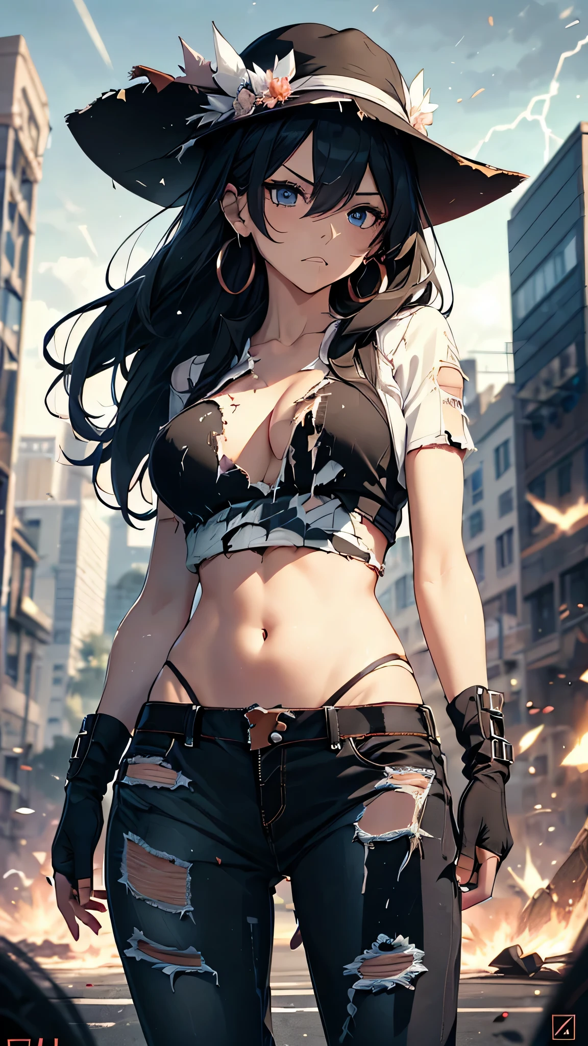 最high quality、best image quality、masterpiece、age girl((18-year-old、 By becoming、vest bust、medium bust,wide open breast tea、black eye, black hair、long hair、thin,highest valley、Torn black t-shirt(2:3)、angry face,damaged pants(2:3)、Perforated gloves、blue earrings、dog tag、Please show me your whole body、fighting pose、black hat)),high quality、beautiful art、background((City of night、Blue lightning strike、heavy rain、strong wind、Center of the intersection)),debris flies、Depth of written boundary、movie、visual art、perfect art、8K,genuine