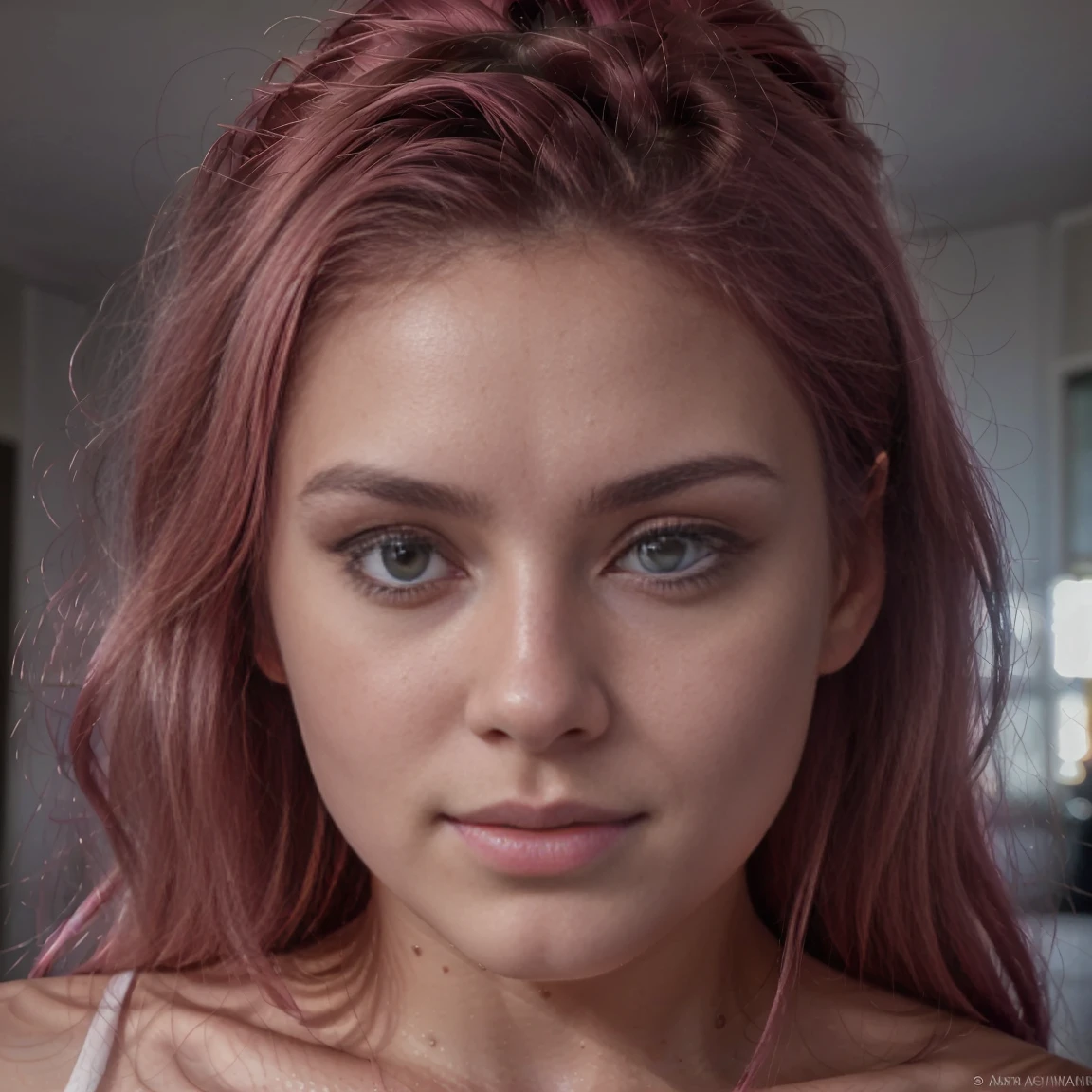 high quality 8k, Laura Pavinato, 14 years old, blue eyes, detailed pink hair, very detailed shadows, skin texture, detailed skin texture, detailed face features, sensual face, brazillian butt ( feature ), face looking at the viewer, realistic skin texture, no background, light smile, instagram picture, upstanding, detailed body shape long hair cinematic lighting, Canon, cinematic lighting, Hyperrealism, Masterpiece, anatomically correct, super detail, textured skin, UHD, natural lightning, face picture, portrait