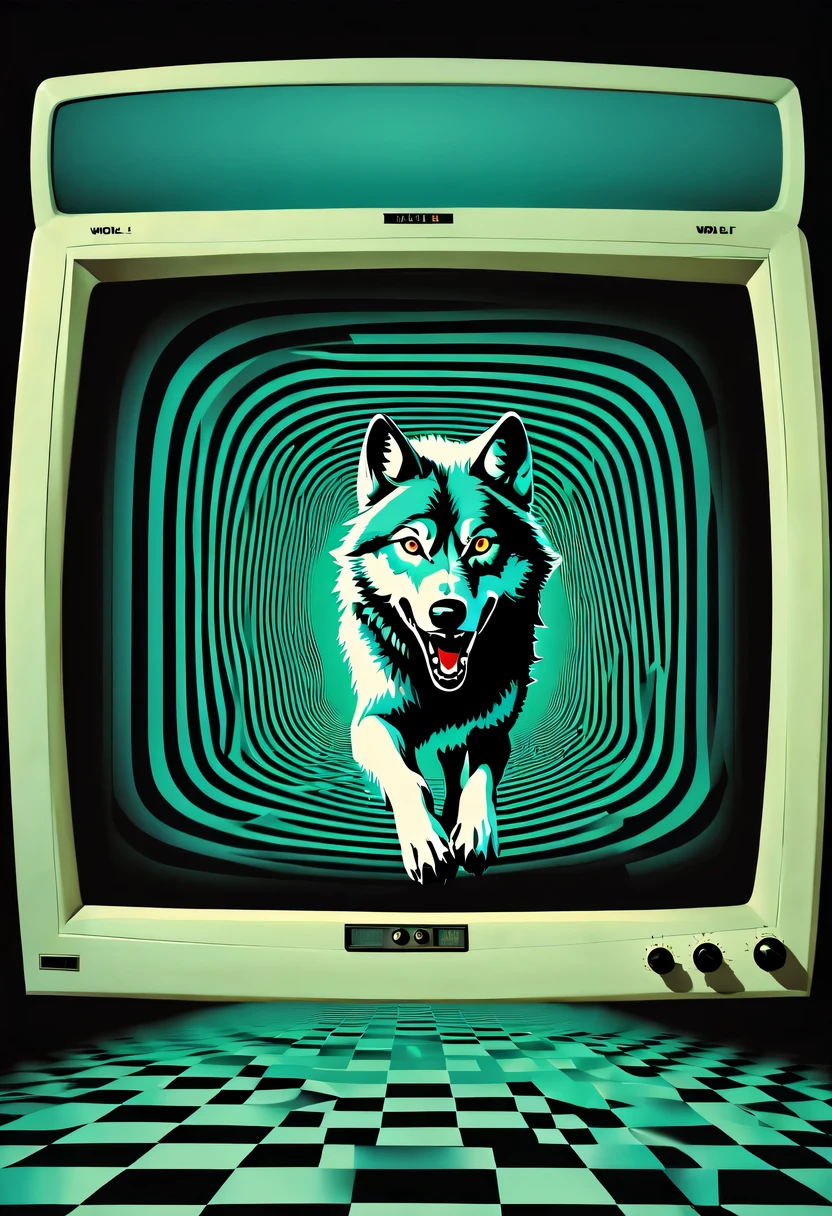 from jump out of the screen wolf, retro monitor, used Ames Room Optical Illusion illustration, 