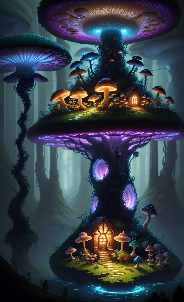 Close-up of a bunch of mushrooms in the forest, mushroom city, mushroom forest, cyber mushroom city, mushroom house, forest of mushrooms, mushroom trees, stylized concept art, mushroom house, 3D rendering stylization, Mushrooms are everywhere, Detailed digital 2D fantasy art, houses in the shape of mushrooms, Magic fantasy 2D concept art