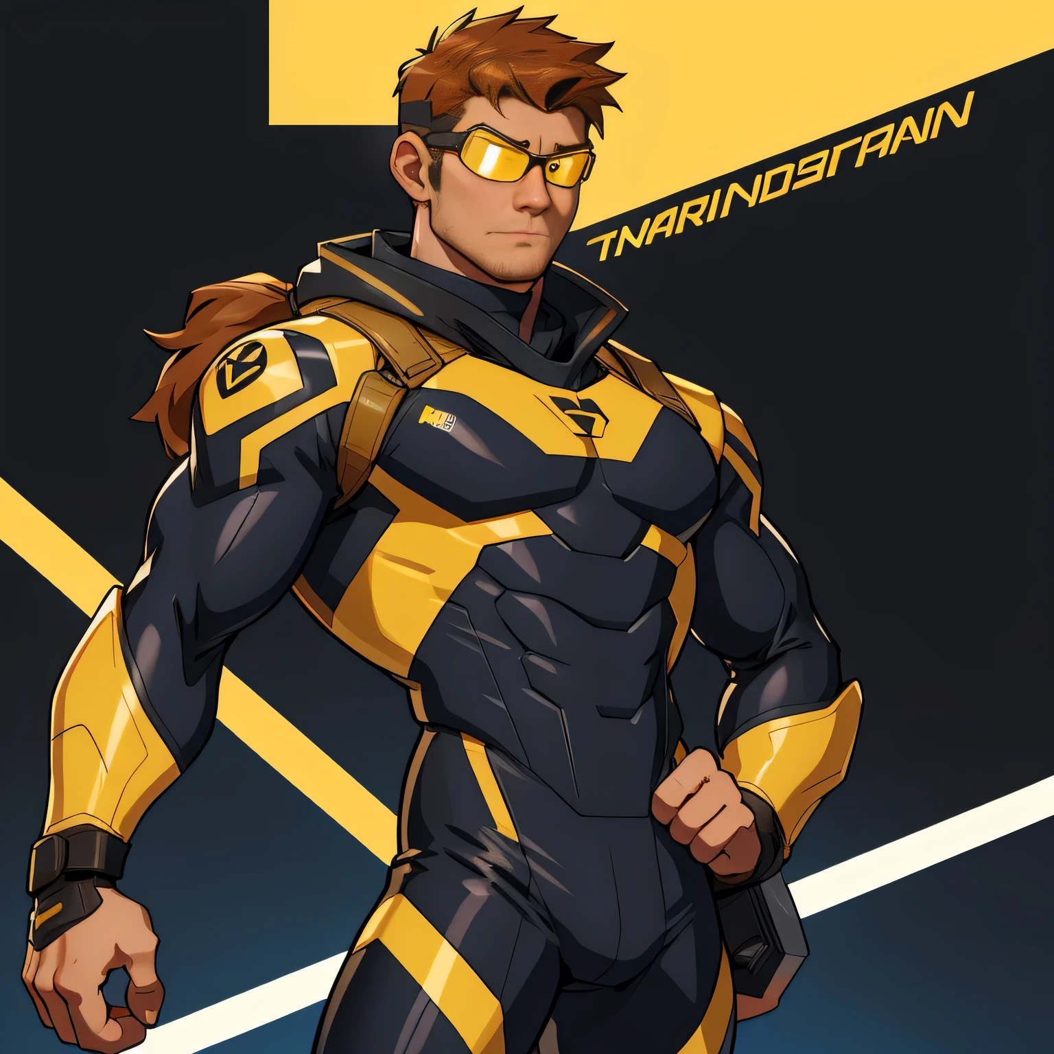 Certainly, here's a more concise prompt focused on Tom's hero suit for an AI art generator:

"Create a digital artwork of Tom Sheridan, AKA Tempo, in his hero suit. His hero suit is sleek, black with yellow accents, and it clings to his lithe frame. The suit includes a cowl with intricate detailing, leaving his distinctive auburn hair exposed. He wears goggles with a heads-up display, and on his back are a pair of Escrima sticks. The suit is designed for both agility and protection. Tom is 16