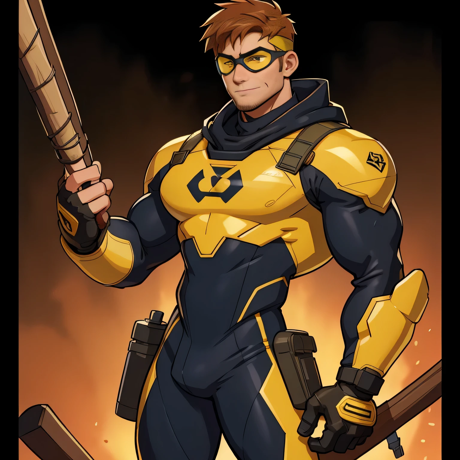 Certainly, here's a more concise prompt focused on Tom's hero suit for an AI art generator:

"Create a digital artwork of Tom Sheridan, AKA Tempo, in his hero suit. His hero suit is sleek, black with yellow accents, and it clings to his lithe frame. The suit includes a cowl with intricate detailing, leaving his distinctive auburn hair exposed. He wears goggles with a heads-up display, and on his back are a pair of Escrima sticks. The suit is designed for both agility and protection. Tom is 16