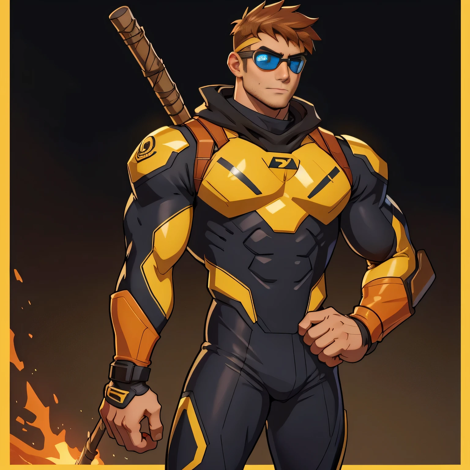 Certainly, here's a more concise prompt focused on Tom's hero suit for an AI art generator:

"Create a digital artwork of Tom Sheridan, AKA Tempo, in his hero suit. His hero suit is sleek, black with yellow accents, and it clings to his lithe frame. The suit includes a cowl with intricate detailing, leaving his distinctive auburn hair exposed. He wears goggles with a heads-up display, and on his back are a pair of Escrima sticks. The suit is designed for both agility and protection. Tom is 16