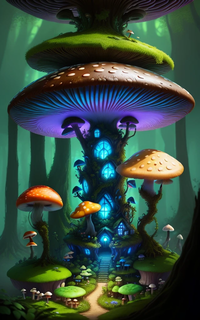 Close-up of a bunch of mushrooms in the forest, mushroom city, mushroom forest, cyber mushroom city, mushroom house, forest of mushrooms, mushroom trees, stylized concept art, mushroom house, 3D rendering stylization, Mushrooms are everywhere, Detailed digital 2D fantasy art, houses in the shape of mushrooms, Magic fantasy 2D concept art