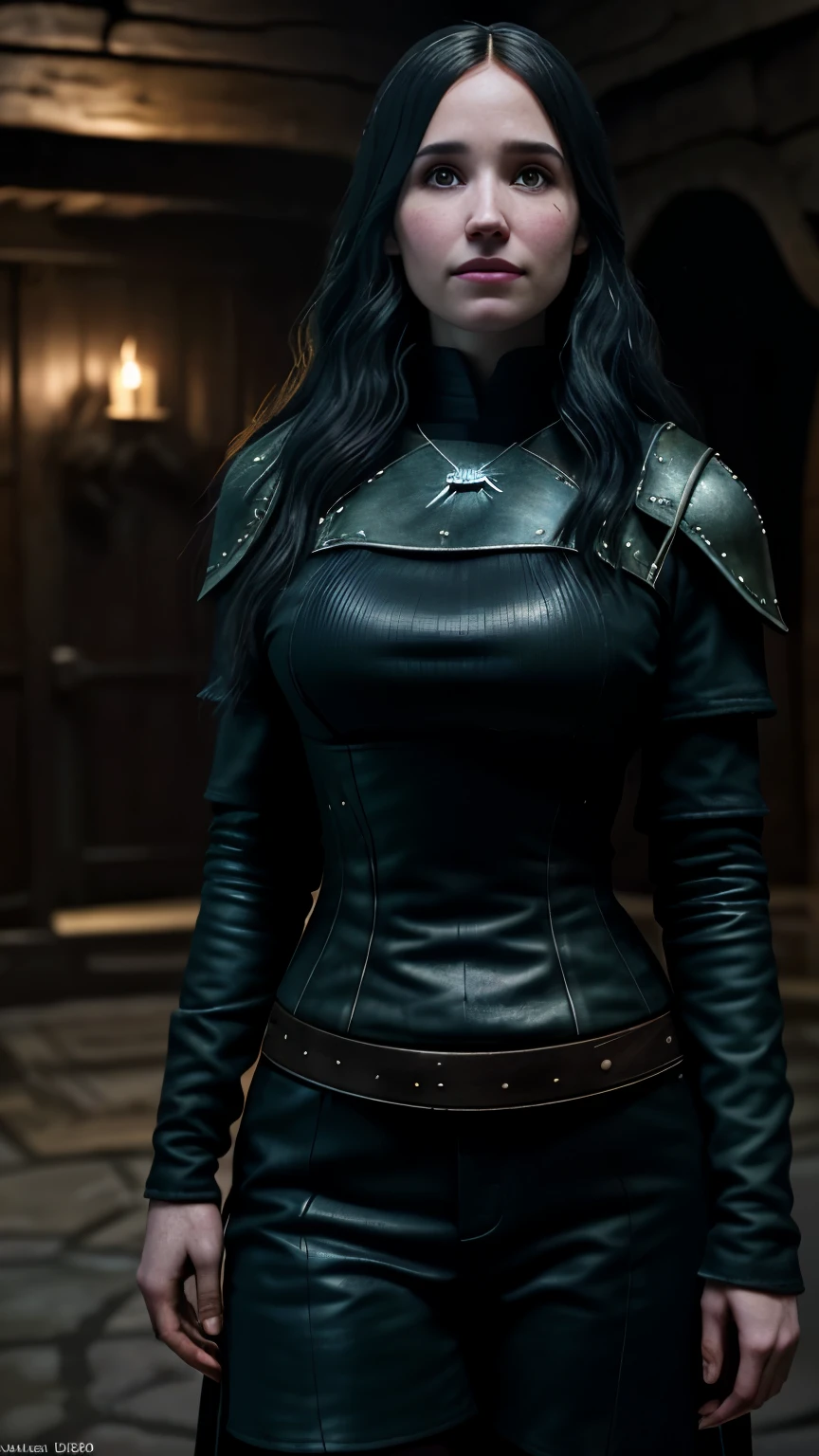 Foto hiperrealista en primer plano de Kelsey Asbille, Create dystopian masterpieces. as a witcher, scene from the Witcher movie, the entire figure dressed in witcher style, inside a medieval in, beautiful woman, skinny, large big breasts, black long hair, detailed face, smile, facing the camera, photo taken from a distance, age of 25 years old