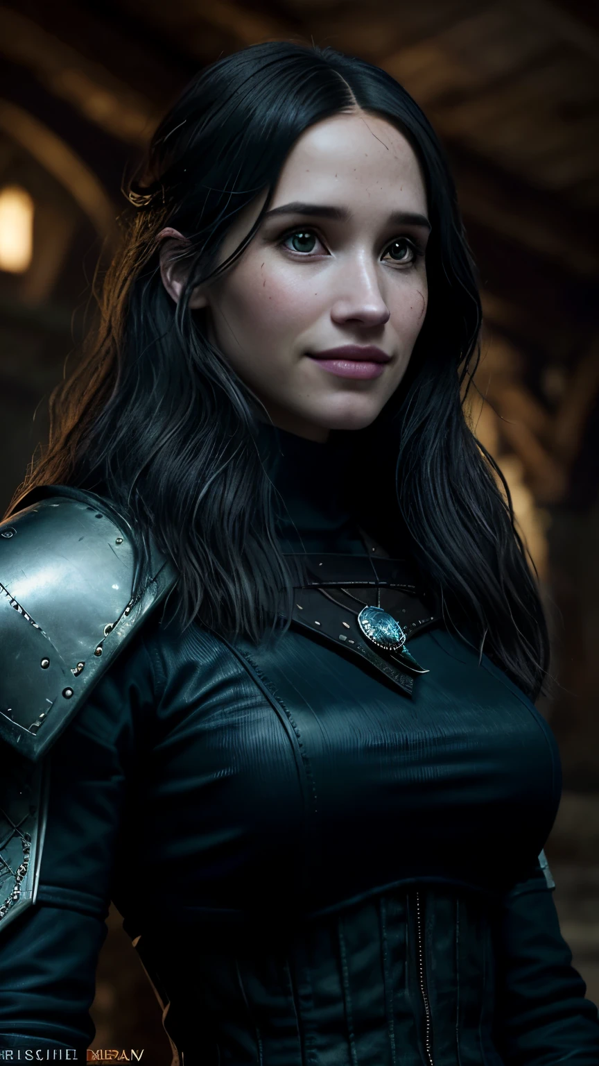 Foto hiperrealista en primer plano de Kelsey Asbille, Create dystopian masterpieces. as a witcher, scene from the Witcher movie, the entire figure dressed in witcher style, inside a medieval in, beautiful woman, skinny, large big breasts, black long hair, detailed face, smile, facing the camera, photo taken from a distance, age of 25 years old