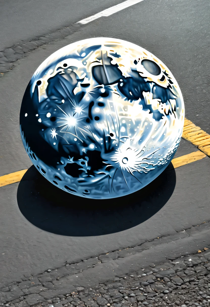 wolf art of Optical Illusions, trompe l'oeil moon, detail, on the road paint, intricate detail, stunning fine brash stroke, high contrast, high quality, high resolution, natural glow, retro coating, shadow coating, airbrush painting, hyper real,