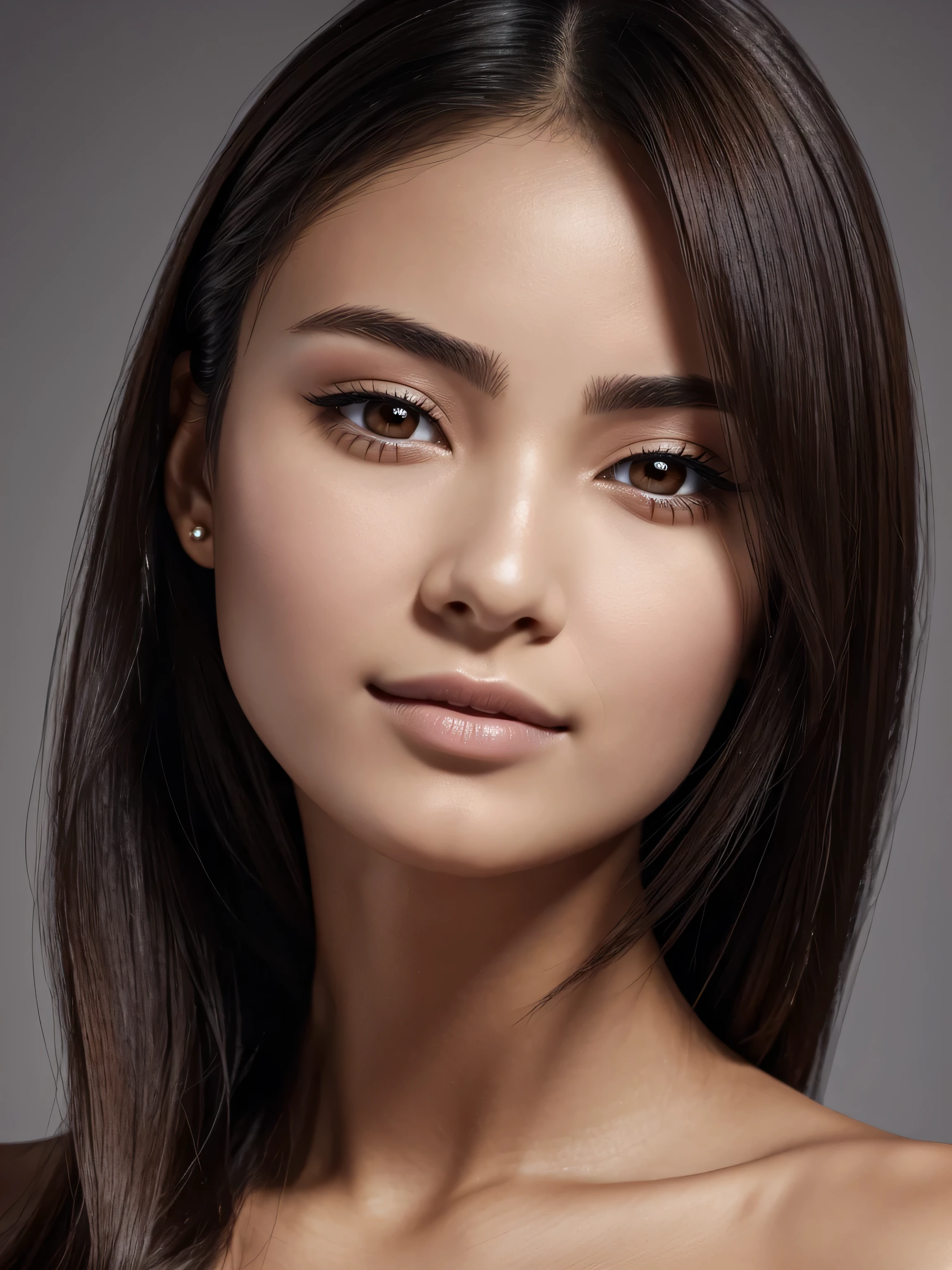 ((Beautiful)+nerd:0.8+cute:0.9) asian_woman, 20_years_woman, young_facial_feautures, (short_head:1.5 round_face:1.5), long_hair straight_hair (black_hair:1), symmetric_eyes:1 monolid_eyes:1 large_eyes:1.2 short_eyes:1.2 eye_wings:0.8 brown_eyes:1.5 mahogany_brown_eyes:1, double_eyelid:0.8, small_eyebrows:1.5 rounded_eyebrows:1.3, (tanned_skin:1.3), european_nose:1 delicate_nose:1.2, young_gorgeous_woman, feminine_cheeks large_cheeks:1.3 round_cheeks:1.2 cheek_dimples:0.9, small_lips:1.4 pink_lips:0.9, most_beautiful_woman (1Woman:1.5, (Masterpiece, 8K, best quality, highres:1.5), (three_quarter_shot:1.5, looking_at_viewer:1.5, body_looking_at_viewer:1.5), white_photoshoot:1, white_room:1, white_backdrop:1.5, standing, neutral_body_posture:1.5, (neutral_facial_expression:1.5, closed_lips:1), wearing white_strapless_mini_dress), slender_body:1, short_body:1, medium_breast