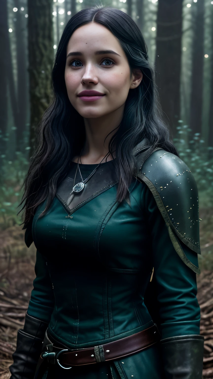 Foto hiperrealista en primer plano de Kelsey Asbille, Create dystopian masterpieces. as a witcher, scene from the Witcher movie, the entire figure dressed in witcher style, in woods, beautiful woman, skinny, large big breasts, black long hair, detailed face, smile, facing the camera, photo taken from a distance, age of 25 years old