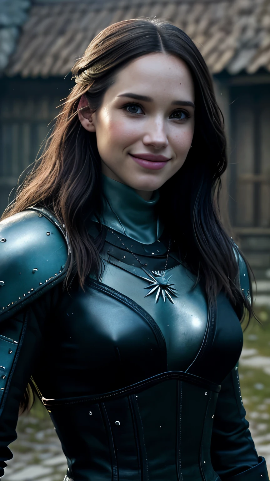 Foto hiperrealista en primer plano de Kelsey Asbille, Create dystopian masterpieces. as a witcher, scene from the Witcher movie, the entire figure dressed in witcher style, outside off medieval in, beautiful woman, skinny, large big breasts, black long hair, detailed face, smile, facing the camera, photo taken from a distance, age of 25 years old