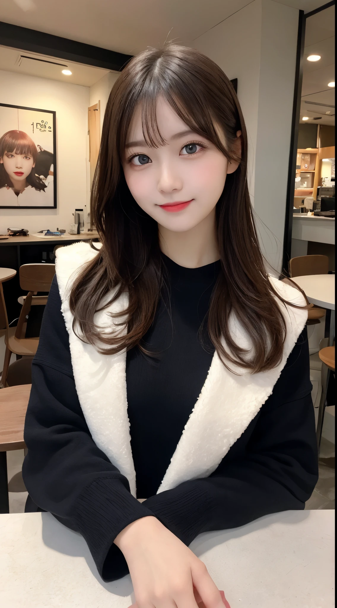 table top, highest quality, shape, Super detailed, finely, High resolution, 8k wallpaper, 完璧なダイナミックな構shape, beautiful and detailed eyes,medium hair,small breasts,natural color lip, bold sexy pose,smile,Harajuku、20 year old girl、cute、sexy shot looking at camera,Randomly change costumes(Trendy women'Winter clothes)