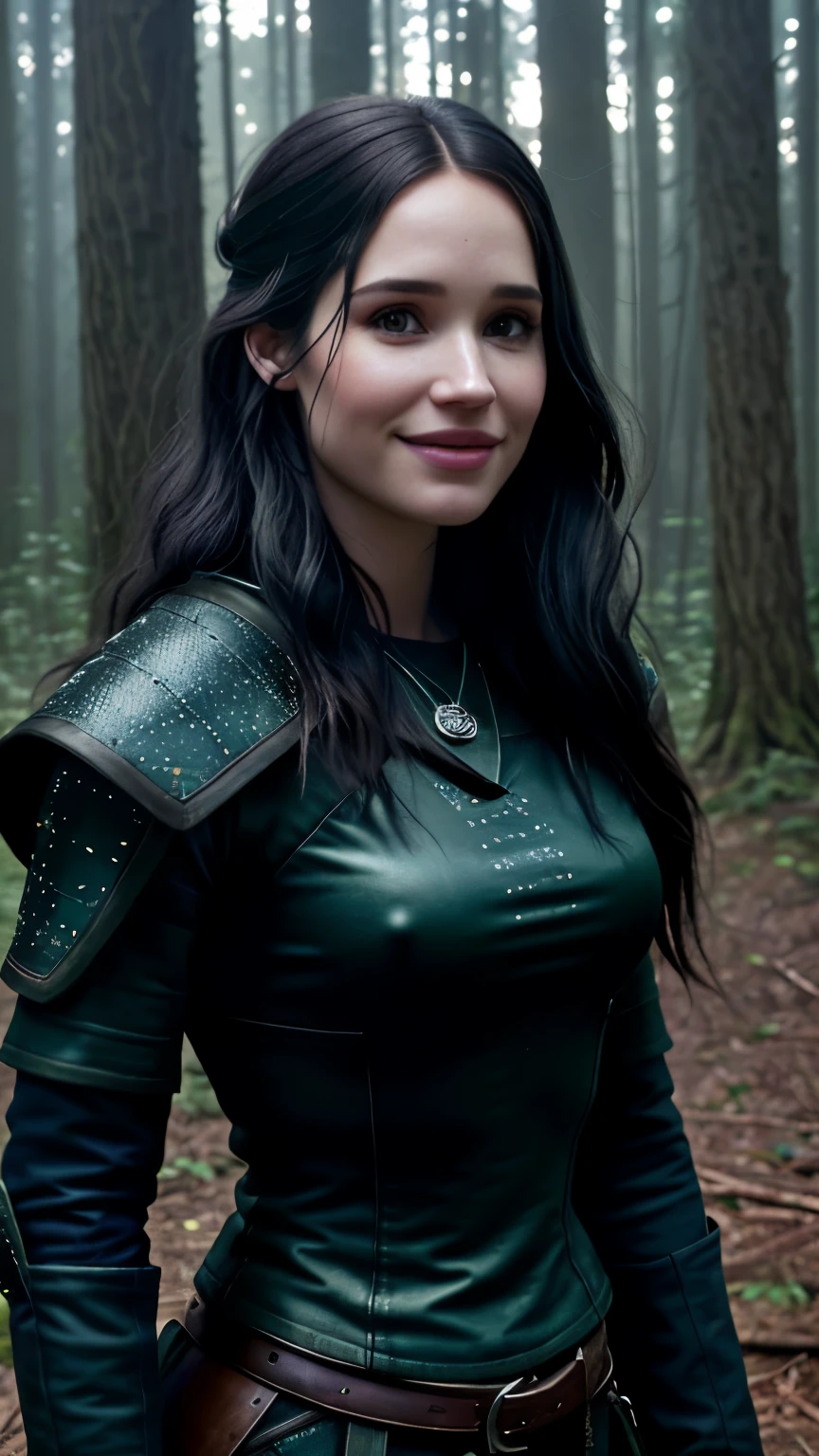 Foto hiperrealista en primer plano de Kelsey Asbille, Create dystopian masterpieces. as a witcher, scene from the Witcher movie, the entire figure dressed in witcher style, in woods, beautiful woman, skinny, large big breasts, black long hair, detailed face, smile, facing the camera, photo taken from a distance, age of 25 years old