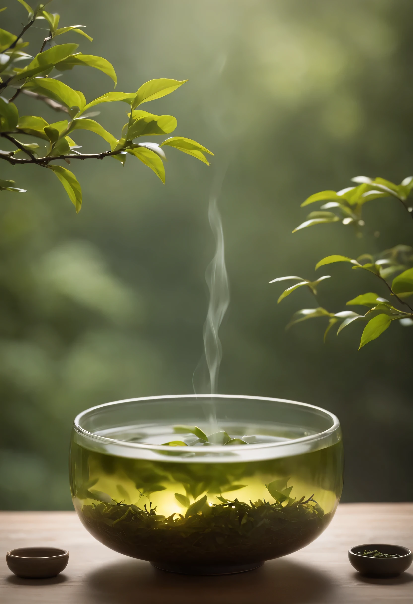 table top、highest quality、Photoreal、surreal、(green tea steaming bowl)、((Just go under the water, Looks small, thin twigs floating vertically))