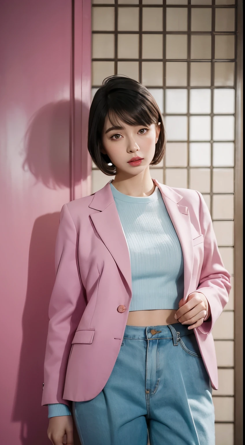 Vogue style photoshoot, Clarity, 4k, 8k, detail, actual, Beautiful Girl, wear pastle blazer, pastle pants, black lips, pink and blue mullet haircut, Perfect body, thigh, stand, pose standing, medium chest, Wes Anderson style, background in Wes Anderson style