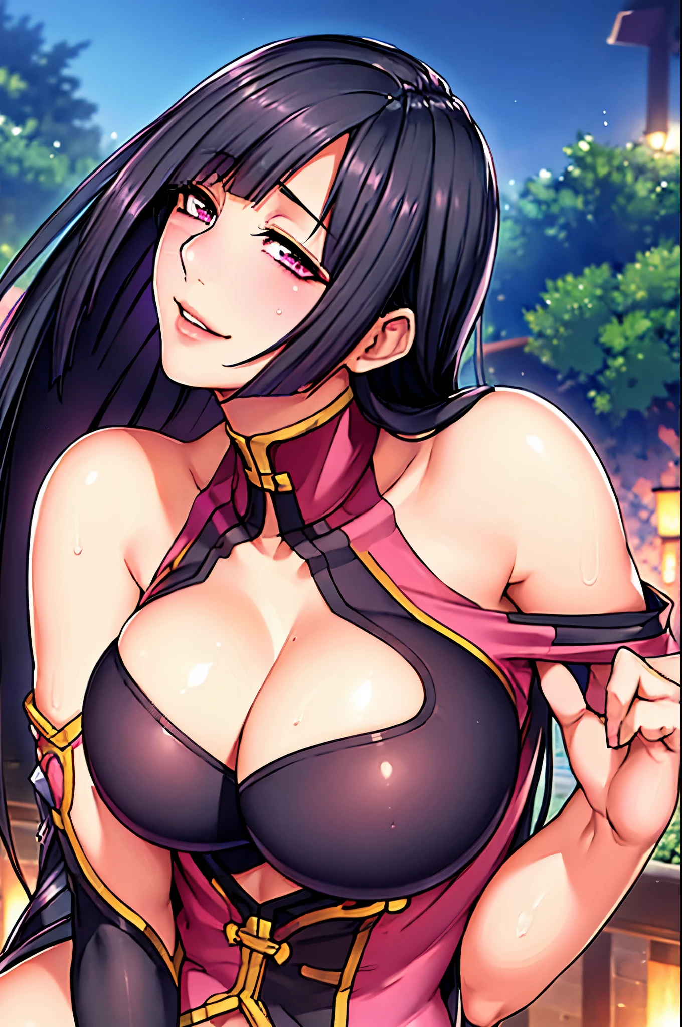 (garden background), (standing), (potrait body), (sexy pose), smiling, (pink dress), chinese clothes, cleavage cutout, clothing cutout, bare shoulders, semi-rimless eyewear, black hair, very long hair,purple eyes, 1 girl, 20yo,Young female,Beautiful Finger,Beautiful long legs,Beautiful body, Beautiful Nose, Beautiful eyes, Beautiful character design, perfect eyes, perfect face,expressive eyes,perfect balance, looking at viewer,(Focus on her face and whole boy), official art,extremely detailed CG unity 8k wallpaper, perfect lighting,Colorful, Bright_Front_face_Lighting,White skin, (masterpiece:1.0),(best_quality:1.0), ultra high res,4K,ultra-detailed, photography, 8K, HDR, highres, absurdres:1.2, Kodak portra 400, film grain, bokeh:1.2, lens flare, (vibrant_color:1.2),professional photograph, (Beautiful,medium_Breasts:1.4), (beautiful_face:1.5),(ultra detailed face), very tempting women