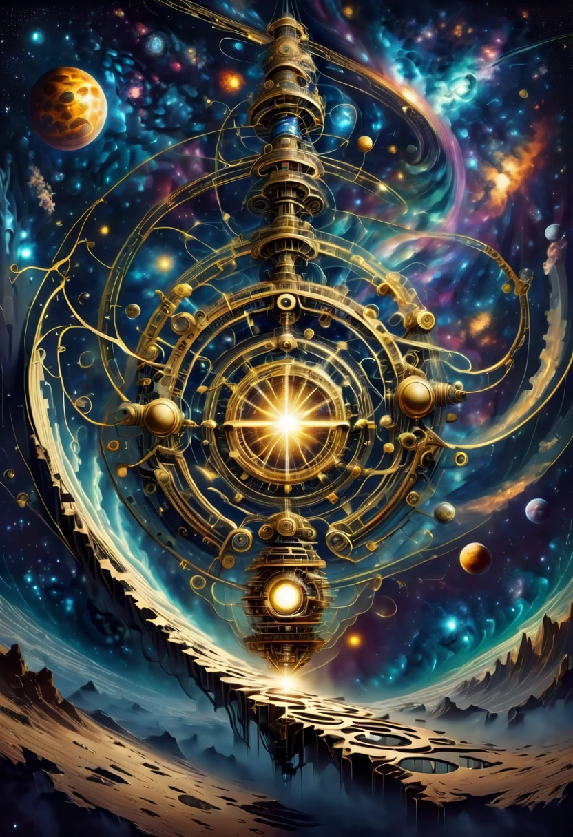 ((optical illusion art style：1.8))，combine eyes、starry sky、universe、galaxy、Ladder、technology、Elements such as machinery and chains，Create an optical illusion art piece。The composition should be sophisticated and sophisticated，Featuring geometric shapes and patterns，Connect these elements together in a way that creates a strong visual illusion。Artwork should have the eye as the central element，周围描绘universe和galaxy，并将先进technology和机械元素交织在一起。Ladder可能由链条或机械部件制成，Different parts of the image should be connected，Unaffected by gravity and perspective。The overall design should be mesmerizing，dazzle the viewer、Disorientation，Has a strong sense of optical illusion。