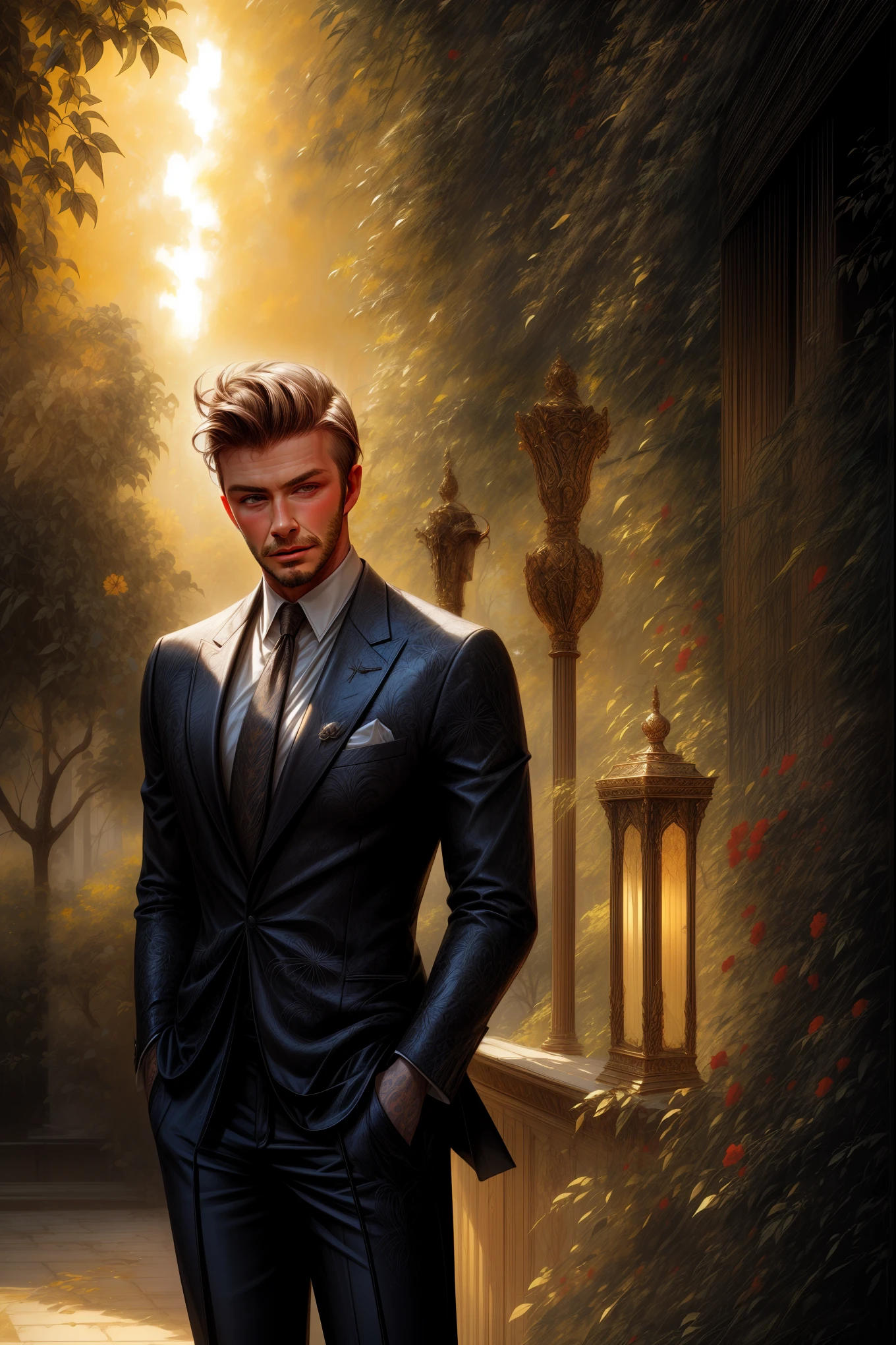 david-beckham, a king-like David Beckham, sitting on a regal bench, (best quality, highres), wearing a majestic golden crown, (golden:1.1) and a luxurious royal robe, (luxurious:1.1) with intricate embroidery and velvet fabric, (velvet:1.1) surrounded by a serene, lush garden with vibrant flowers and tall, swaying trees, (serene garden:1.1), (vibrant flowers:1.1), (tall trees:1.1) in the backdrop of a golden sunset sky, (golden sunset:1.1) casting warm, golden rays of light on his face, illuminating his sharp jawline and defined cheekbones, (sharp jawline:1.1), (defined cheekbones:1.1). David Beckham's piercing blue eyes, (piercing blue eyes:1.1), radiate confidence and wisdom, while his chiseled nose and sculpted lips, (chiseled nose:1.1), (sculpted lips:1.1), add to his regal and captivating aura.
Additional details: The royal bench is adorned with intricate engravings, (intricate engravings:1.1), showcasing symbols of power and elegance. In the garden, delicate butterflies (delicate butterflies:1.1) flutter around, adding a touch of enchantment to the scene. The air is filled with the sweet fragrance of the flowers. A gentle breeze rustles through the leaves, creating a sense of tranquility and calmness. (tranquility:1.1), (calmness:1.1) The sound of birds chirping in the distance completes the harmonious atmosphere.
Art style: A realistic portrayal capturing every detail of David Beckham's regal appearance and the serene garden surroundings. (realistic:1.37)
Color tone: Warm and vibrant hues dominate the scene, with golden tones reflecting the richness and majesty of the setting. (warm and vibrant hues:1.1), (golden tones:1.1)
Lighting: Soft, diffused lighting bathes the scene, accentuating the beauty of the garden and casting a gentle glow on David Beckham's face. (soft lighting:1.1), (gentle glow:1.1)