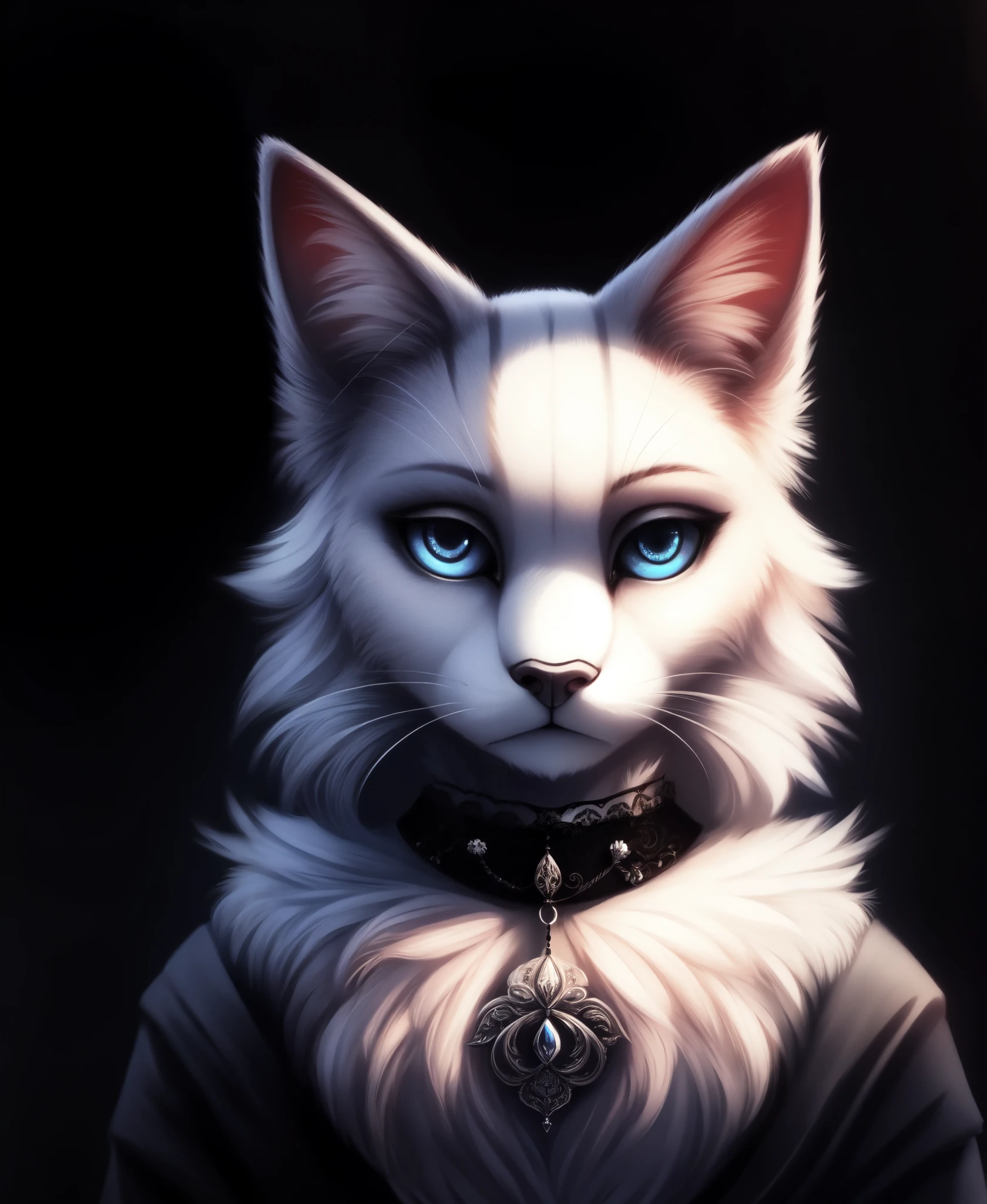 Ragdoll cat,furry,female,(beautiful and fluffy fur,fluffy and cute cat:1.1),SFW,(elegant and mysterious style,stylish gothic fashion:1.2), (dark and atmospheric ambiance:1.1),gothic collar,moonlit background,dramatic lighting,soft and gentle expression, piercing blue eyes,strong contrast,subtle shadows,detailed whiskers,sculpted paws,vivid colors,pastel tones,subtle gradients