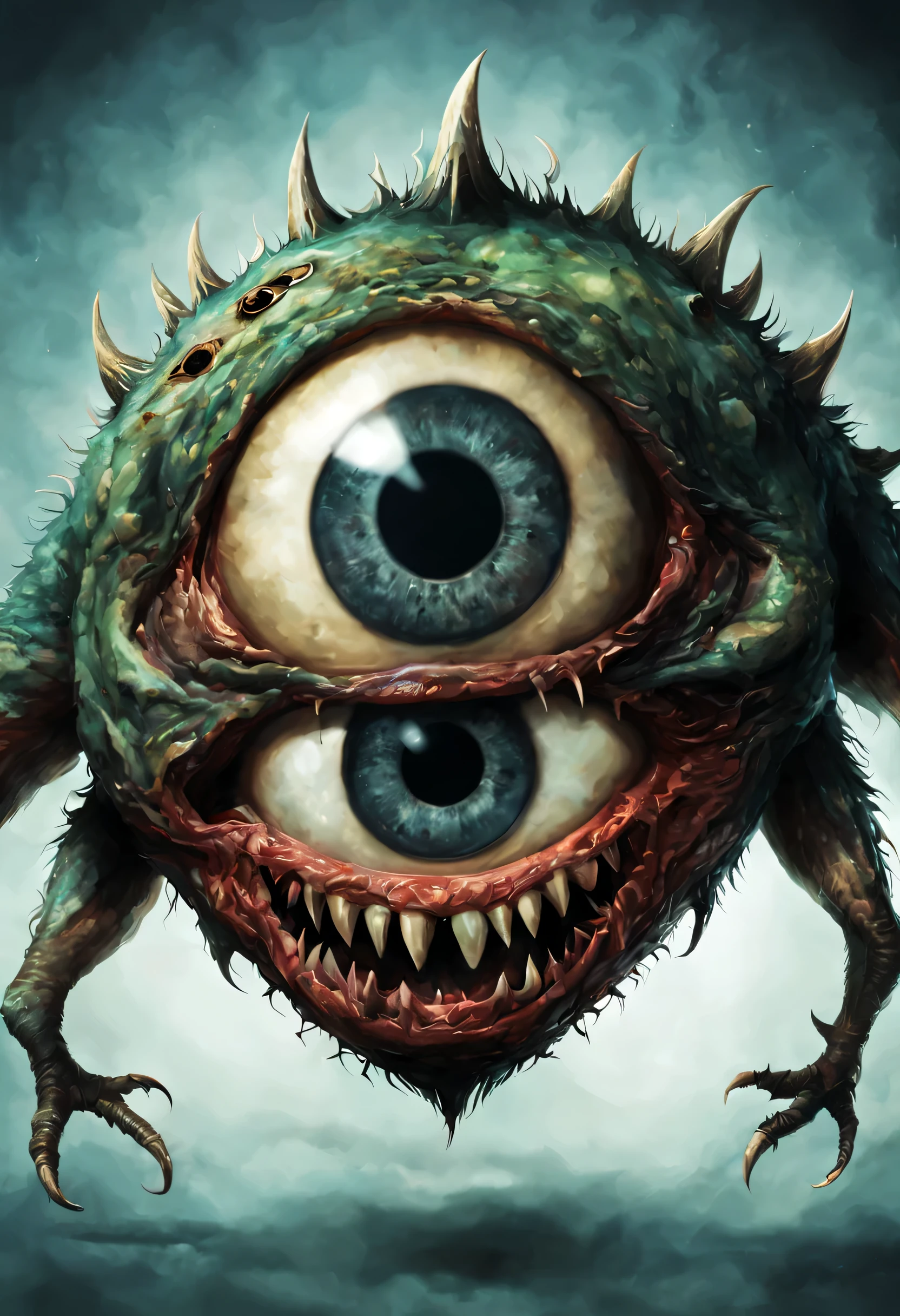 A Giant eye monster with one large eye in the center of its head and three smaller eyes on the side. It has sharp teeth and a mouth full of sharp teeth.