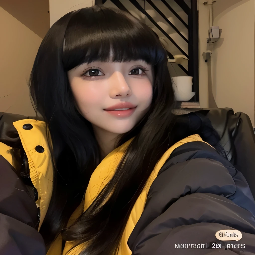 arafed woman with long black hair and a yellow jacket taking a selfie, she has black hair with bangs, with full bangs, straight bangs, the hime cut, belle delphine, lalisa manobal, with bangs, long straight bangs, neat hair with bangs, long black hair with bangs, black hime cut hair, black bangs