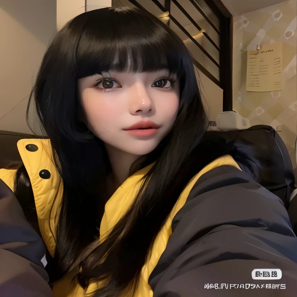 arafed woman with long black hair and a yellow jacket taking a selfie, she has black hair with bangs, with full bangs, straight bangs, the hime cut, belle delphine, lalisa manobal, with bangs, long straight bangs, neat hair with bangs, long black hair with bangs, black hime cut hair, black bangs