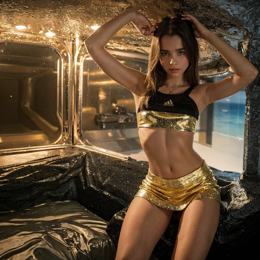 13 year old white European girl wearing a black crop top and gold short skirt.  She is inside a submarine.  professionally color graded, professional photography, well drawn, masterpiece, hyper realistic, ultra detailed, high quality, best quality, 4k, 8k, hi resolution, very young girl, young face, cute, beautiful, . photorealistic,