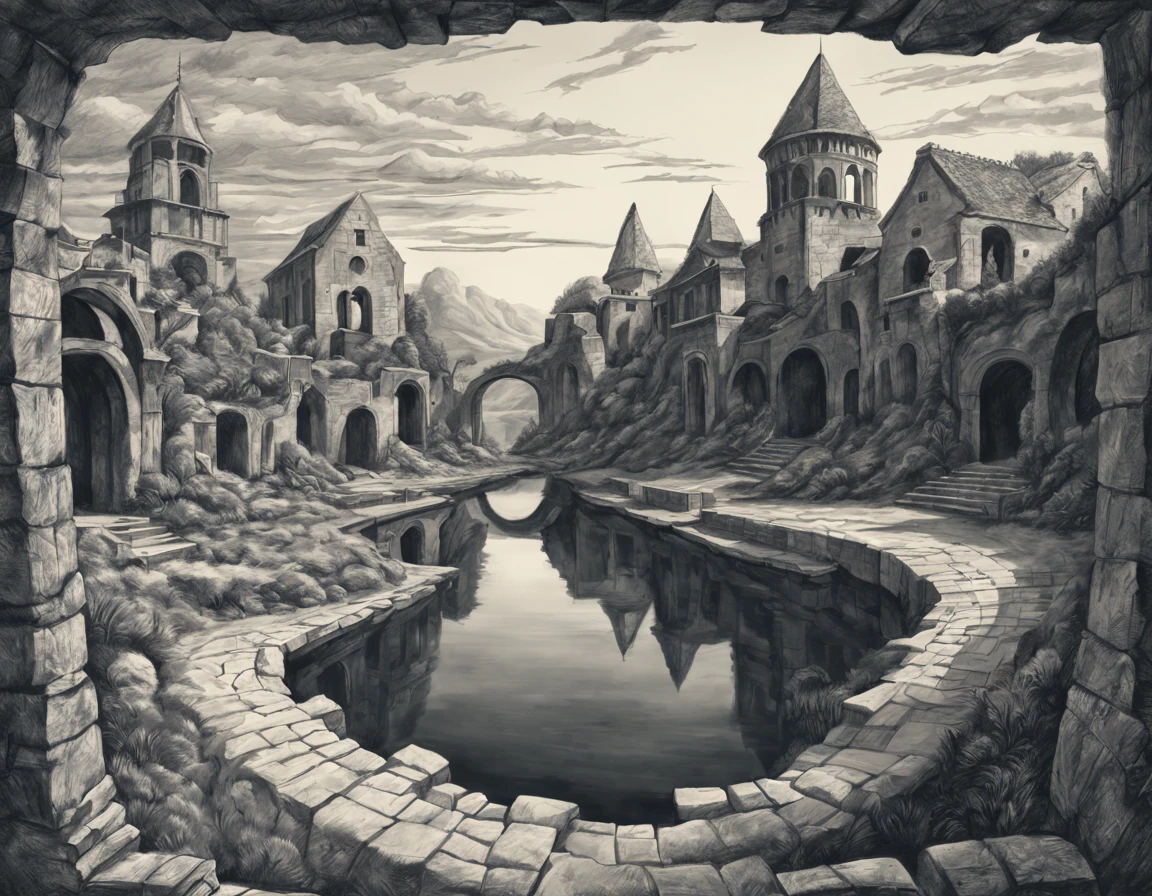 Image with Blivet effects, impossible images and objects, impossible trident, drawing of a landscape with ancient buildings using the Blivet effect, Optical Illusions