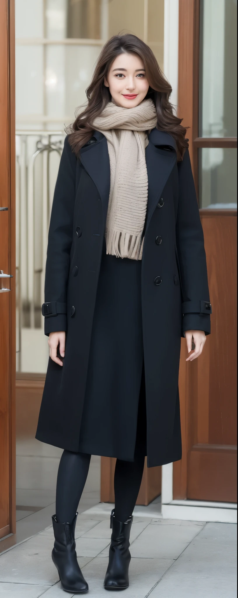 (8k, RAW photos, top quality, masterpiece: 1.2, ultra detailed, super resolution, real photos: 1.37), (Full body photo), 1 noble elegant Japanese lady, (standing contrapposte), winter season, ((black color coodinate, wearing over-size nouton coat, winter fluffy scarf, grey long skirt, legging, wearing long boots)), Shiny, Smile, Looks like 1.8 meters tall, large pelvis, Large breasts, big cuvy hips, Thin waist, Long legs, skin hyper-detail, 20 years old, Perfect face, (Detailed facial features), Wavy hair, Daylight, winter season, snazzy cafe,