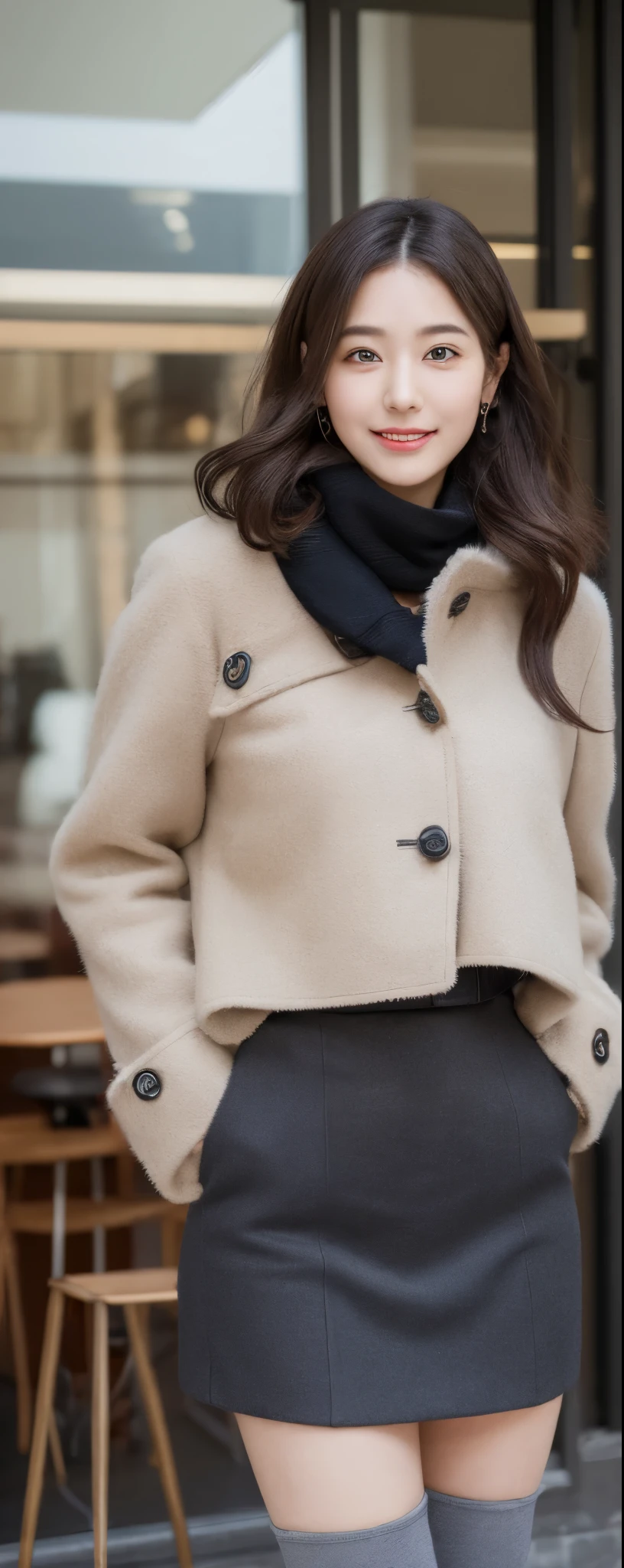 (8k, RAW photos, top quality, masterpiece: 1.2, ultra detailed, super resolution, real photos: 1.37), (Full body photo), 1 noble elegant Japanese lady, (standing contrapposte), winter season, ((black color coodinate, wearing over-size nouton coat, winter fluffy scarf, grey long skirt, legging, wearing long boots)), Shiny, Smile, Looks like 1.8 meters tall, large pelvis, Large breasts, big cuvy hips, Thin waist, Long legs, skin hyper-detail, 20 years old, Perfect face, (Detailed facial features), Wavy hair, Daylight, winter season, snazzy cafe,