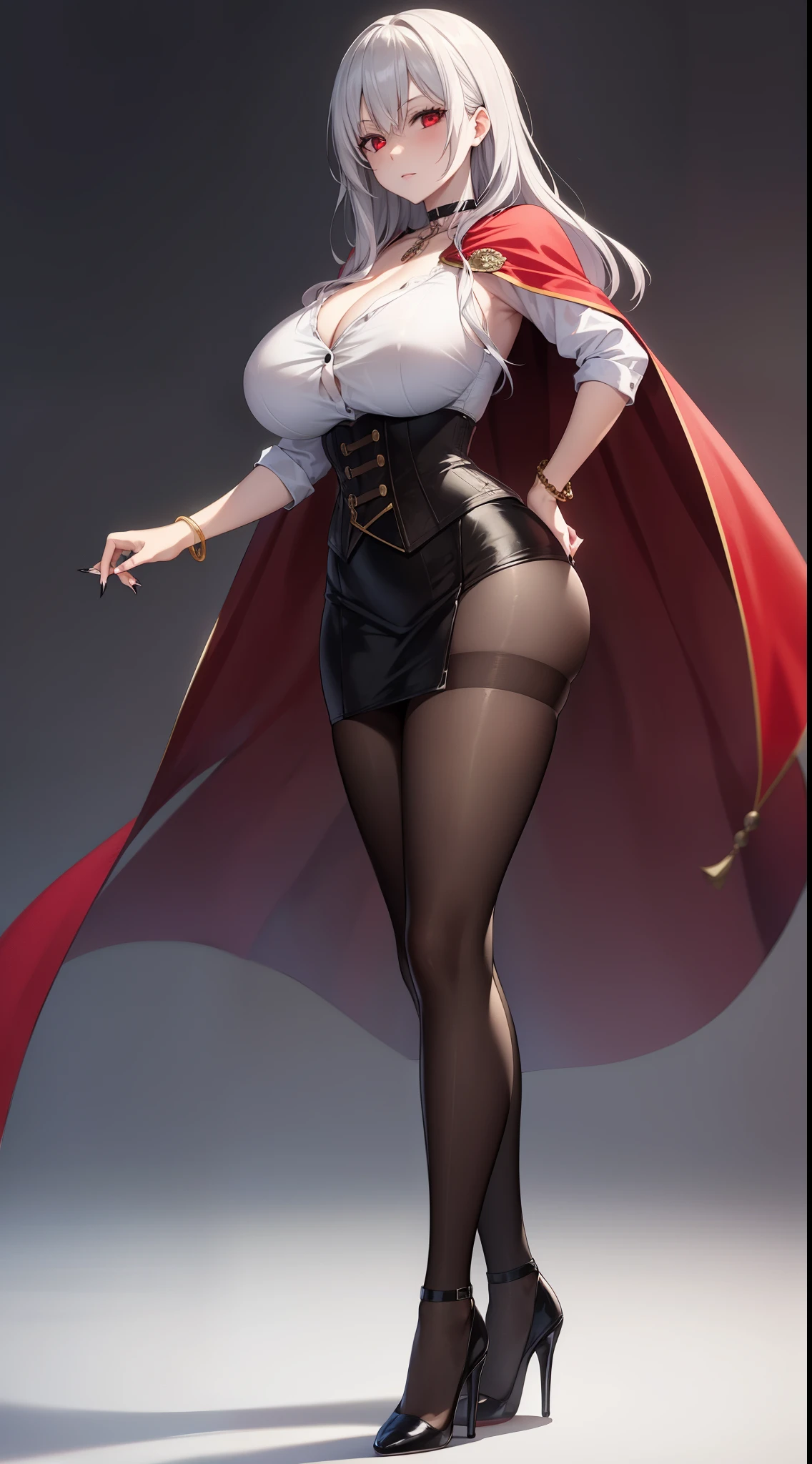 adult vampire woman, pale skin, huge breasts, long legs, red eyes, silver hair, long nails, cape, pantyhose, high heels, mini skirt, corset, button blouse, choker, bracelets